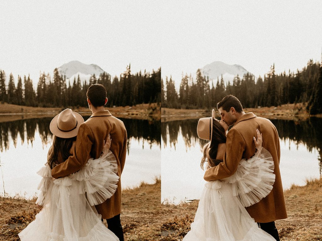 couple hugging in front of lake tipsoo