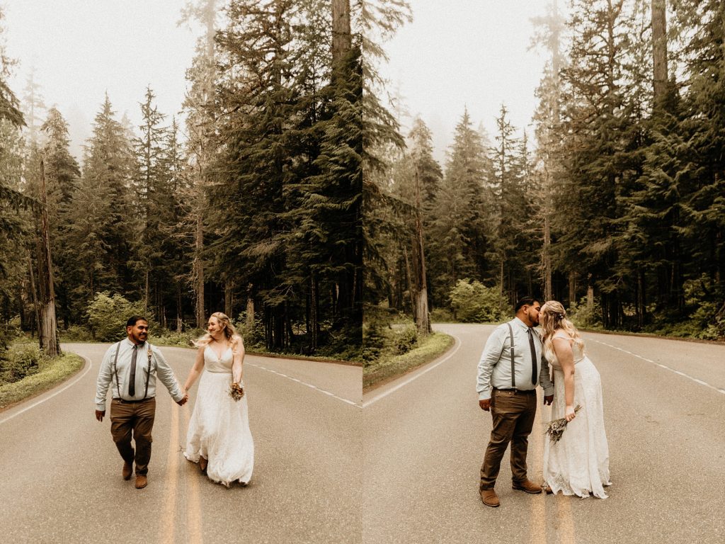 bride and groom walking along road