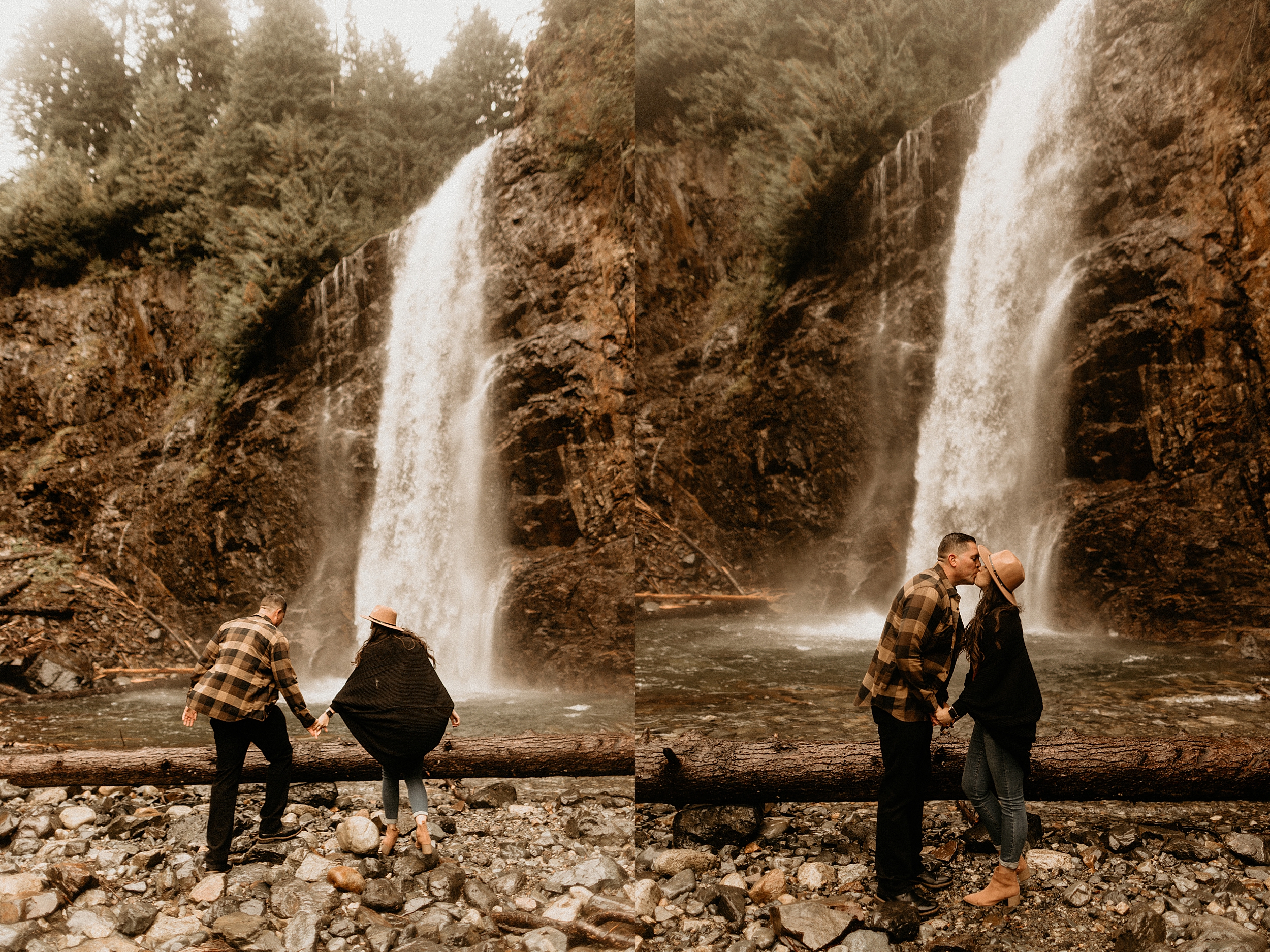 couple holding hands and kissing in front of franklin falls