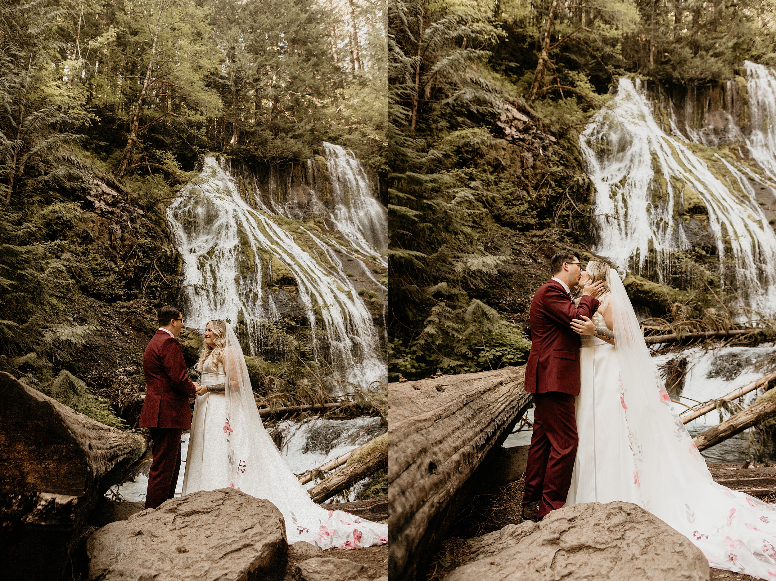 couple holding hands and kissing in front of panther creek falls