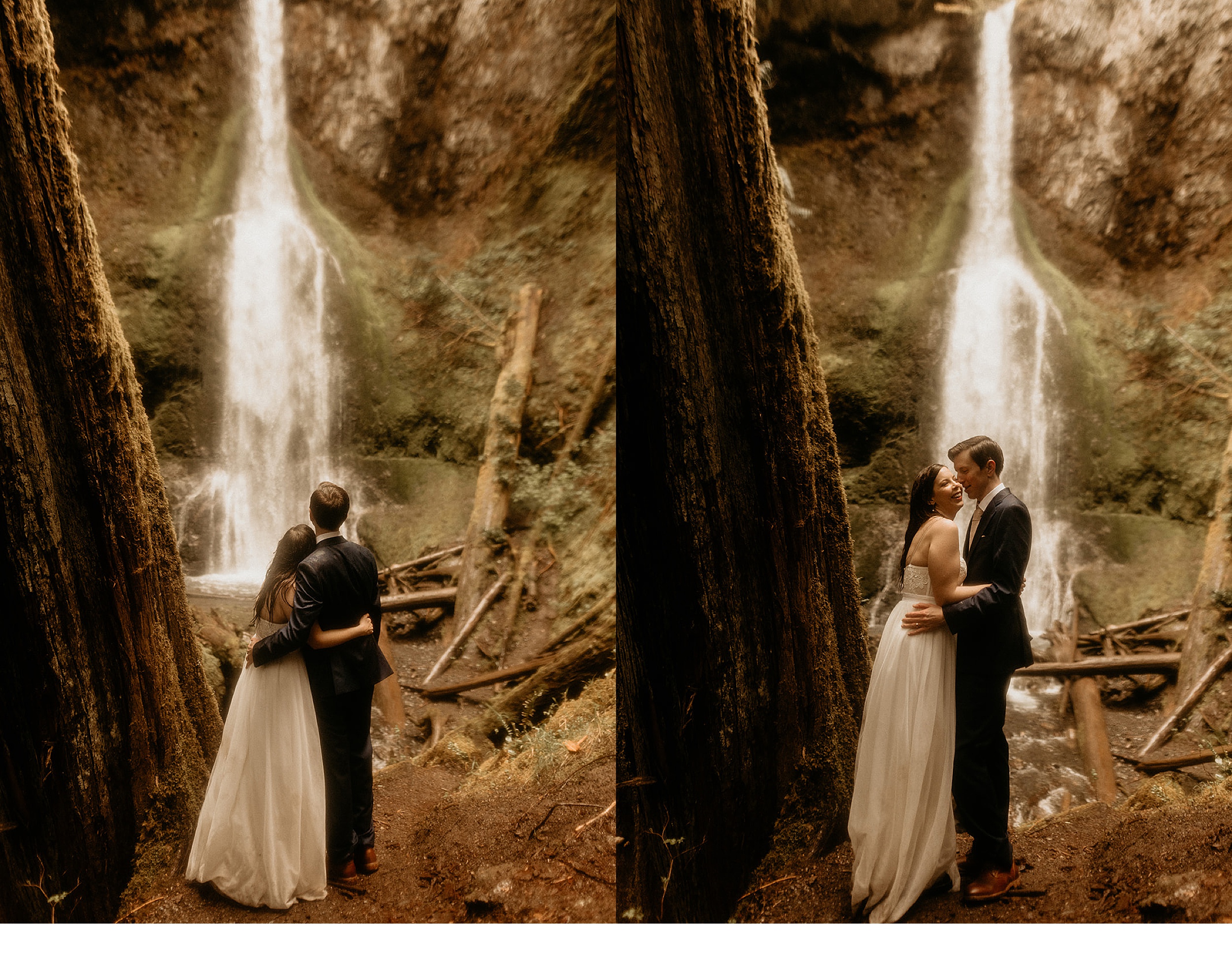 couple holding each other in front of marymere falls