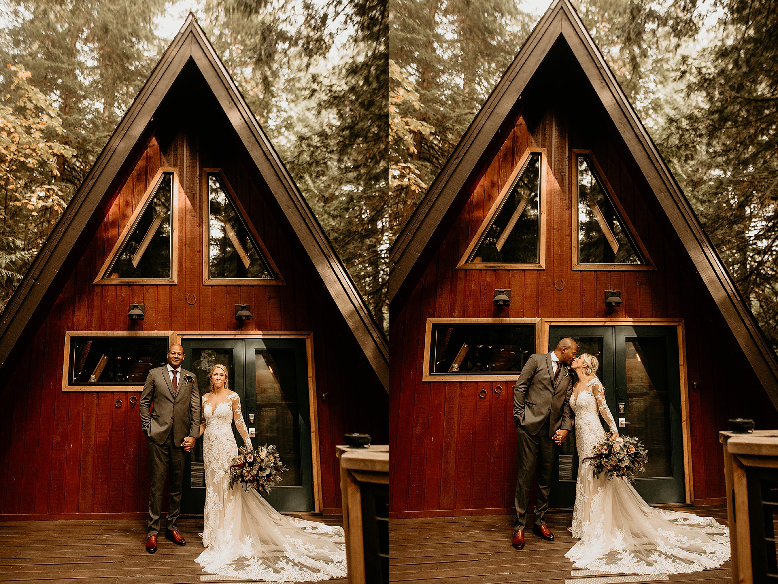 bride and groom kissing at cabin