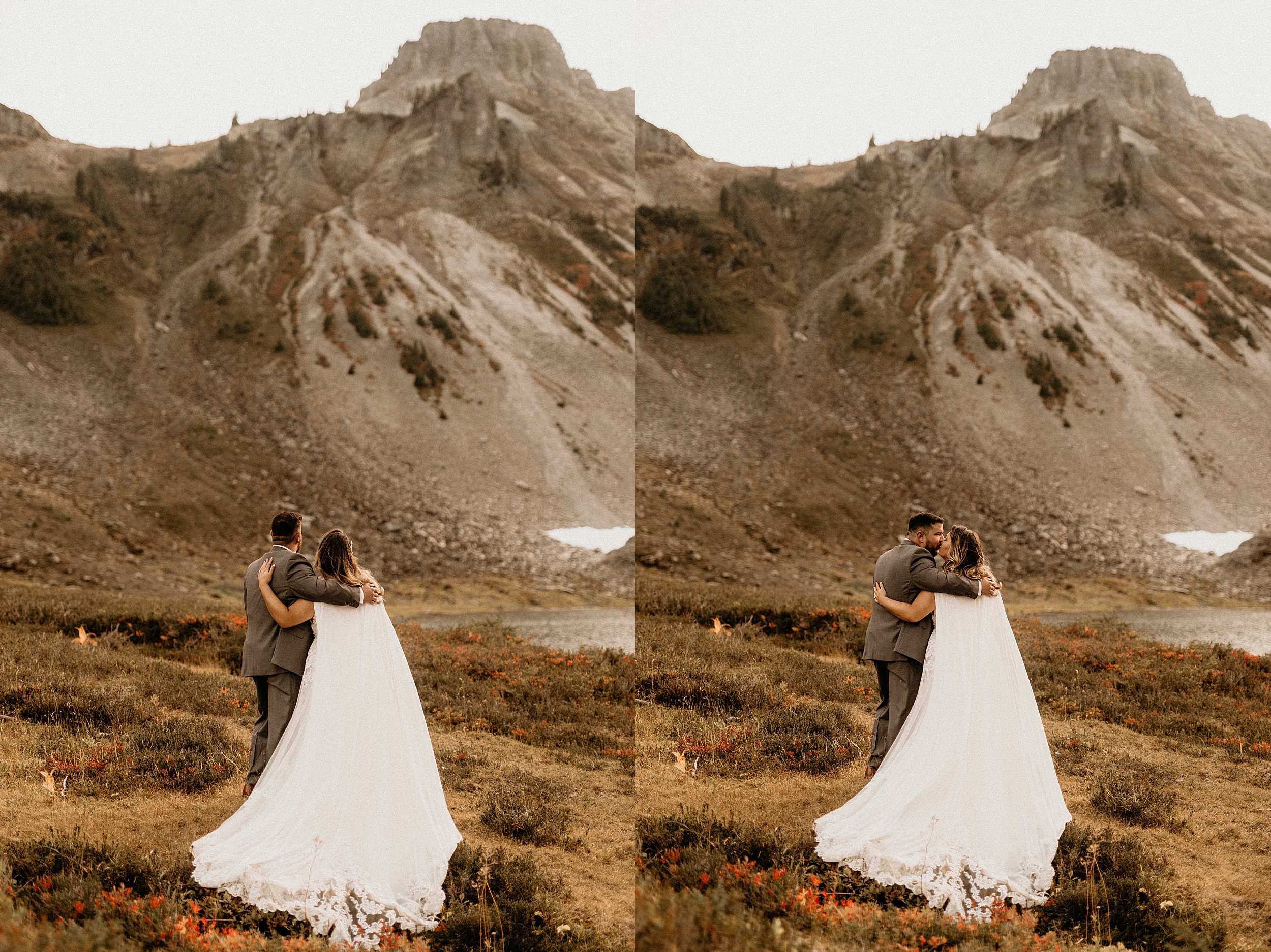 bride and groom holding each other at mount baker