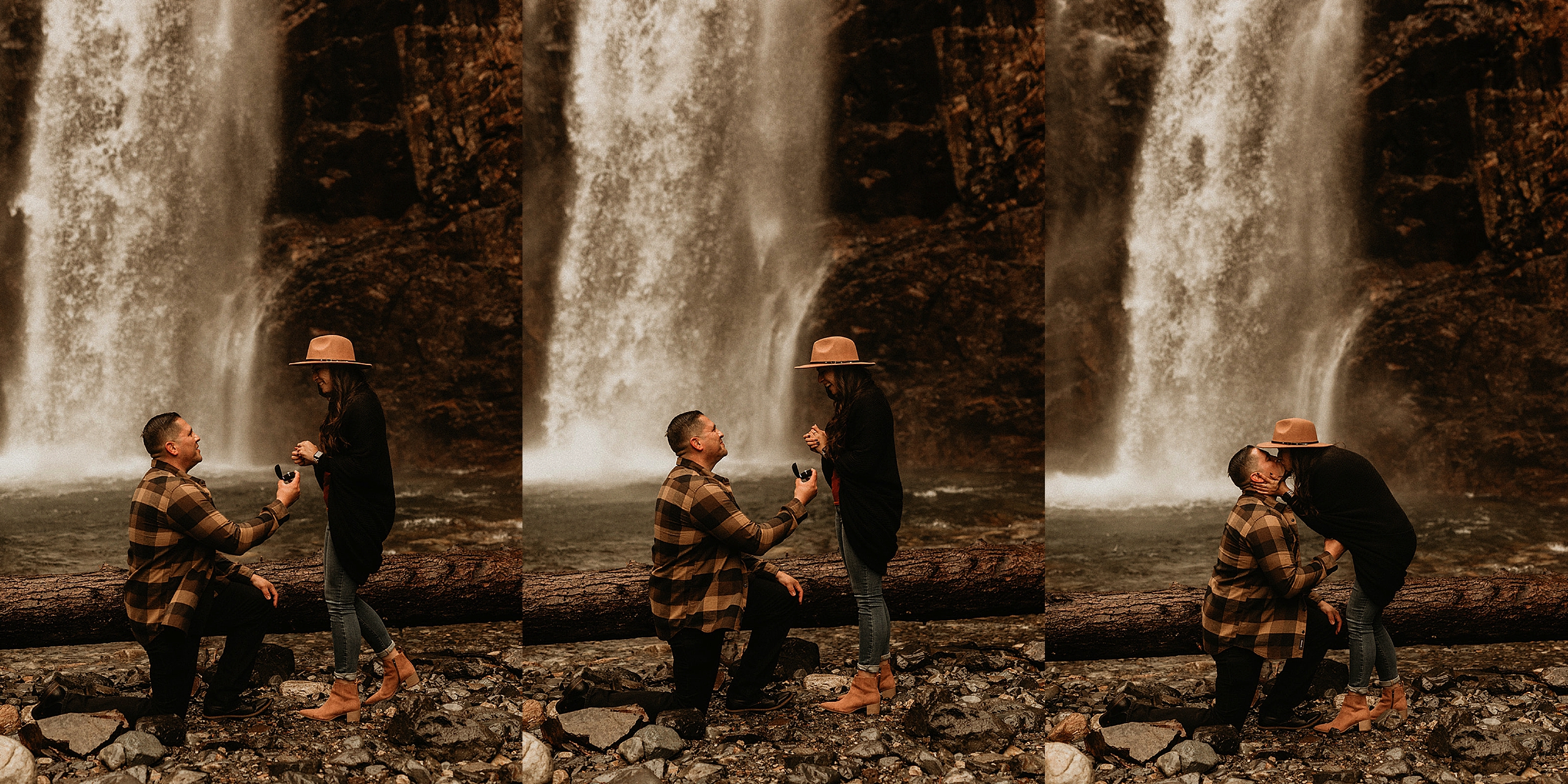 couple getting engaged in front of franklin falls