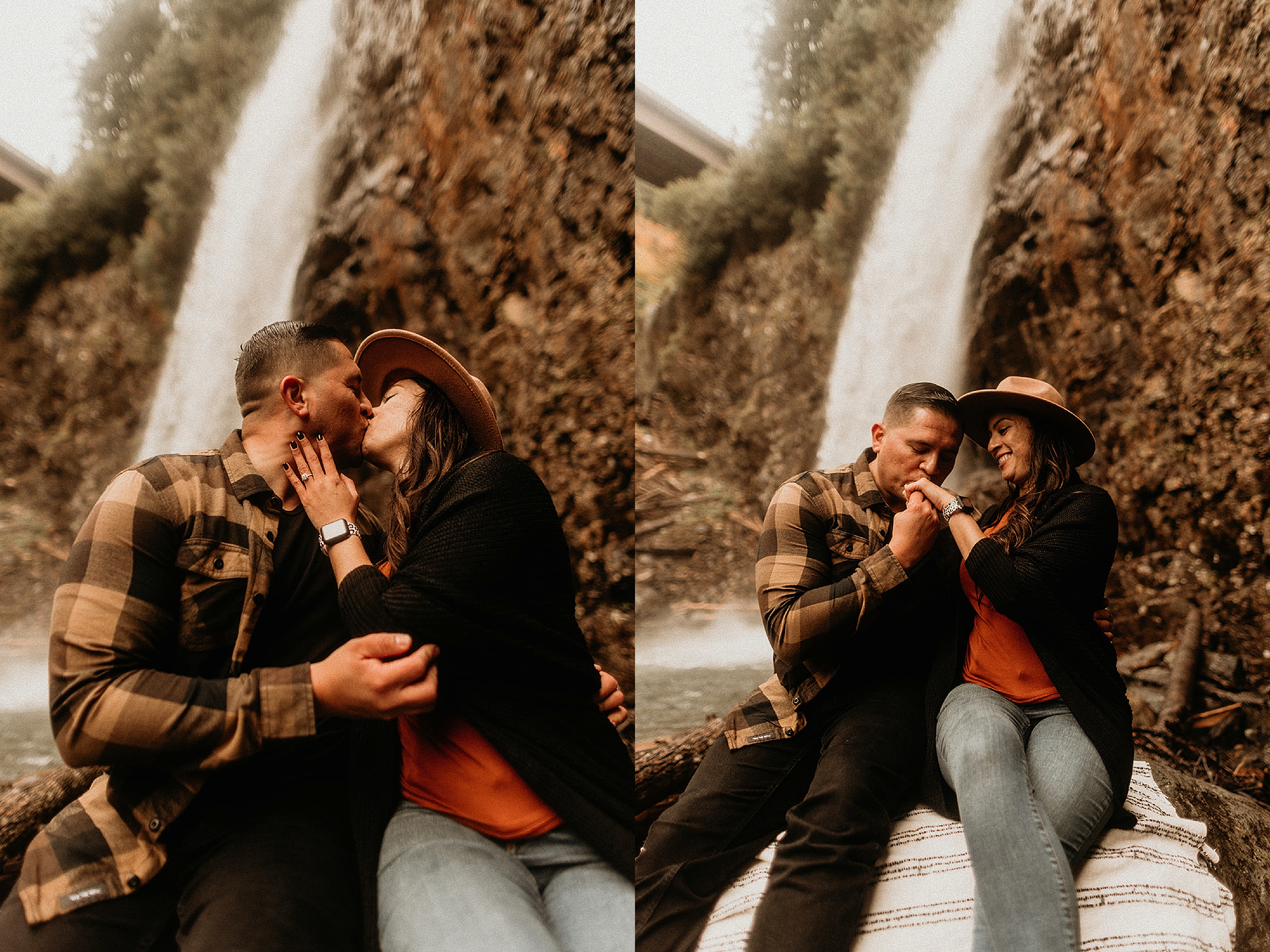 couple sitting in front of waterfall