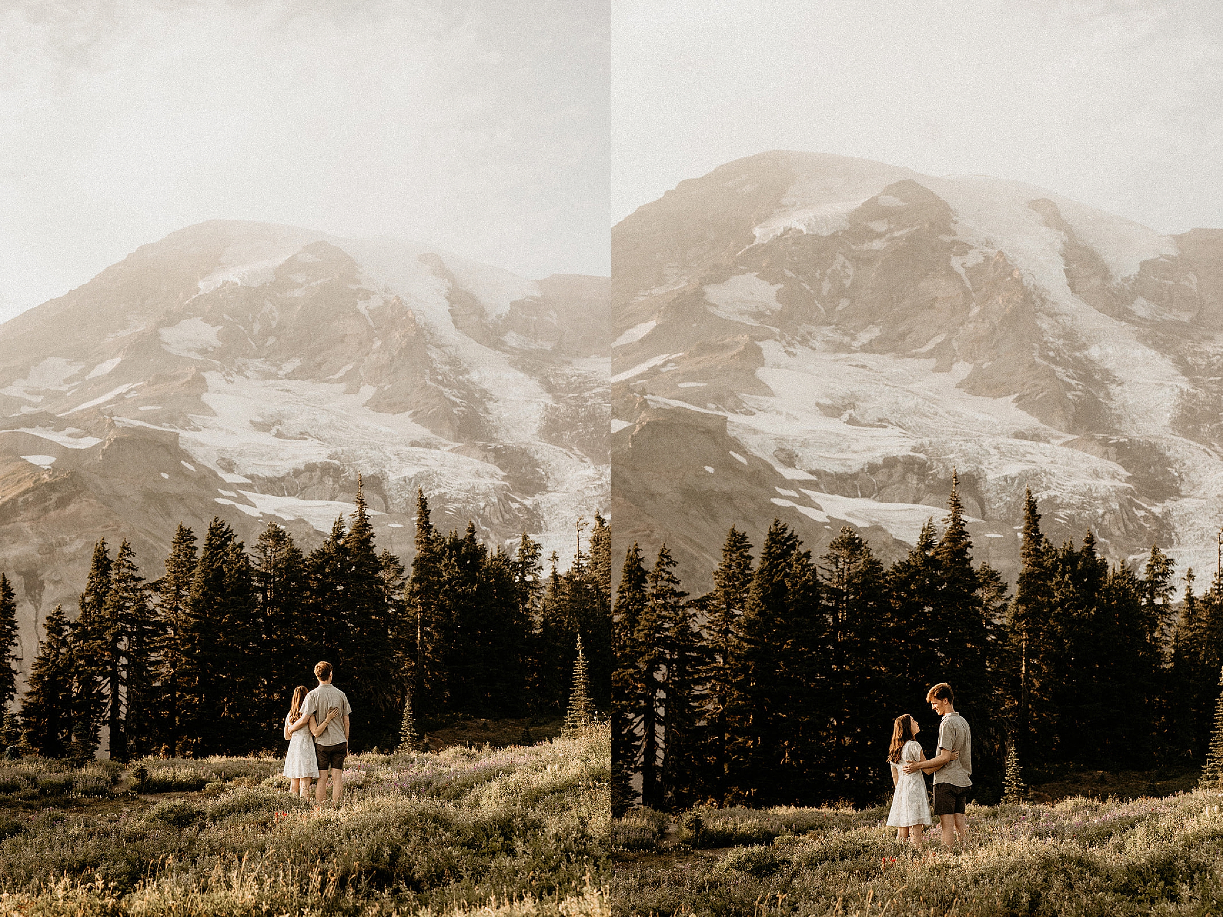 couple holding each other in front of mountain 