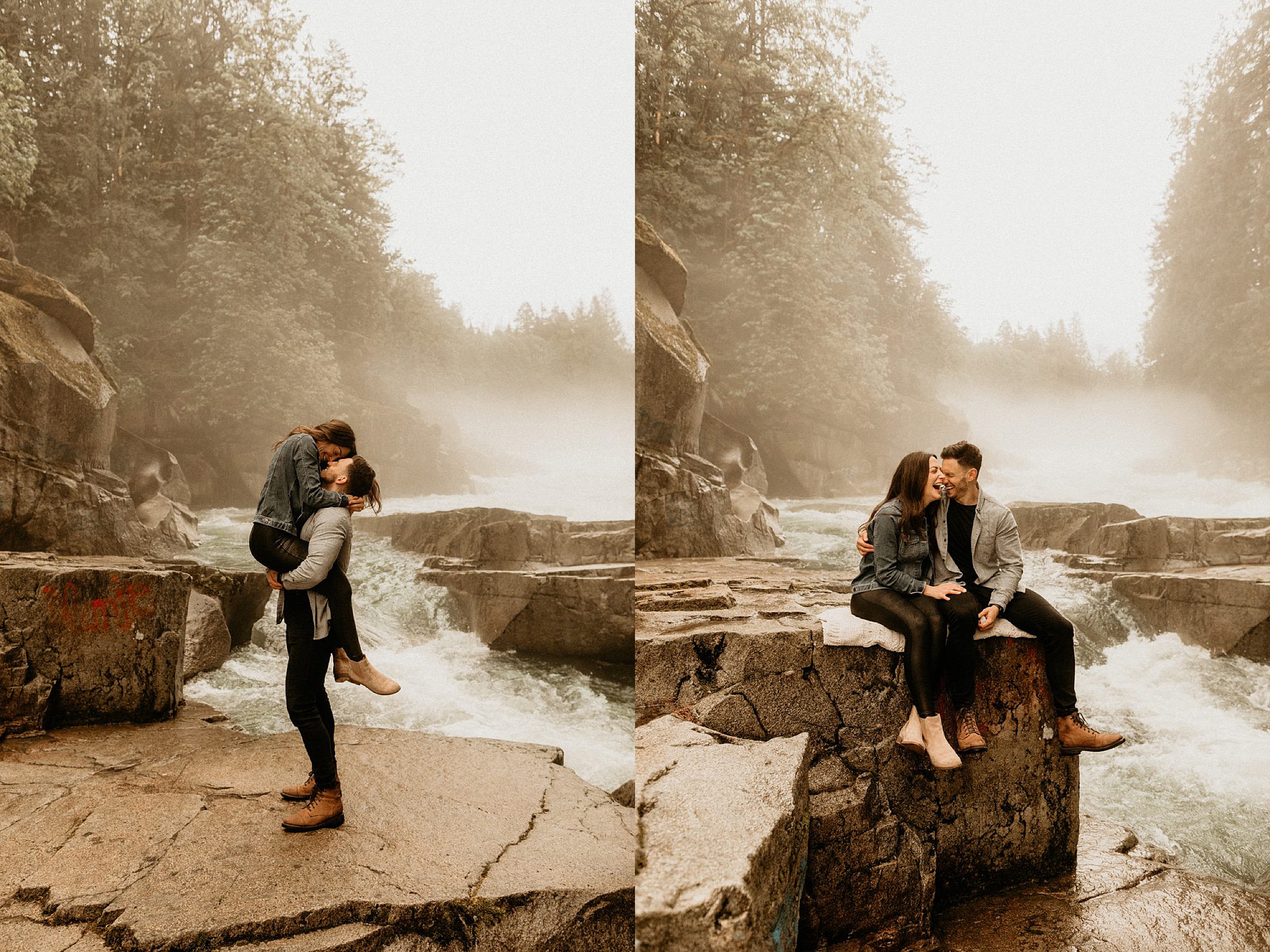 couple kissing in front of waterfall