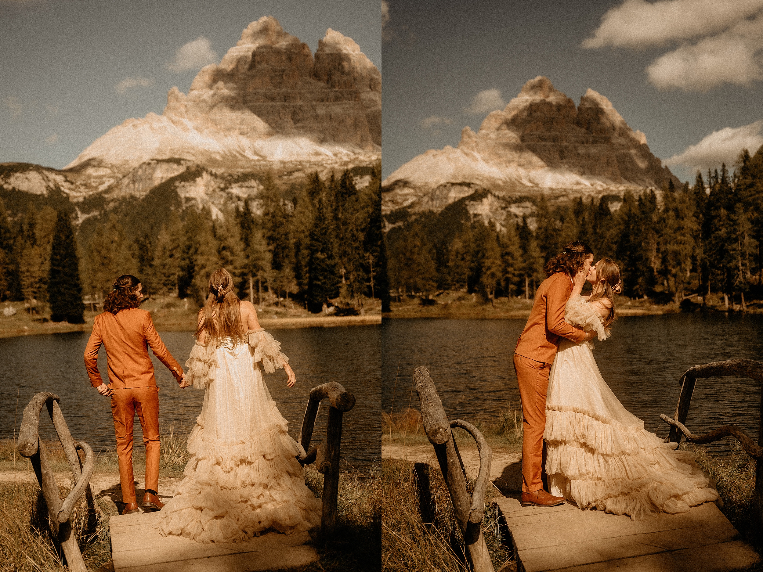 bride and groom kissing dolomites landscape
