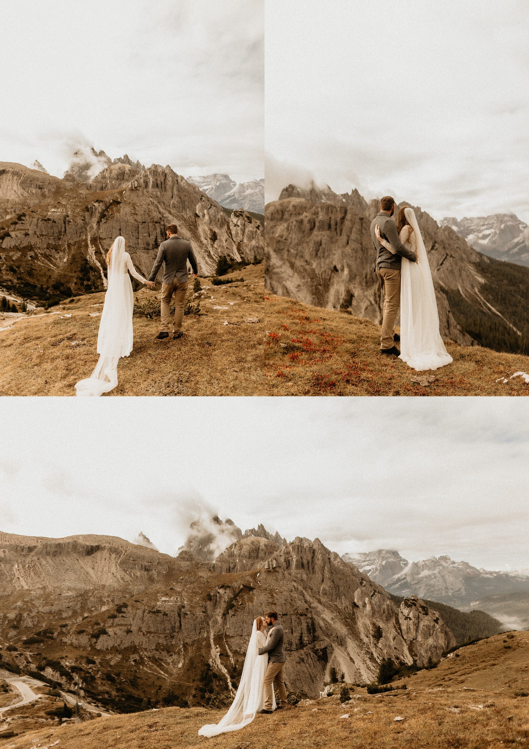 bride and groom standing together on mountain top