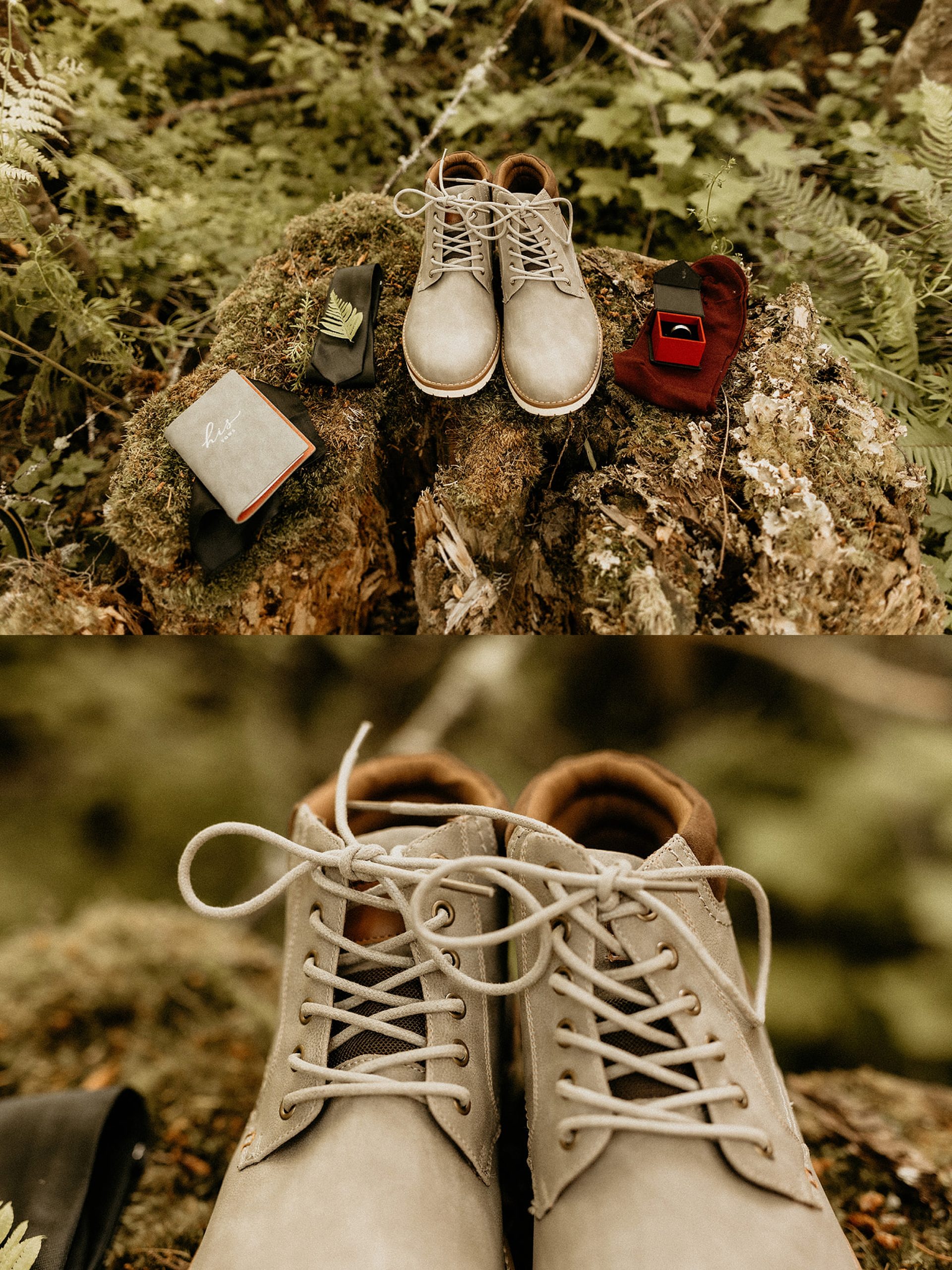 hiking boots next to ring and vowbook 