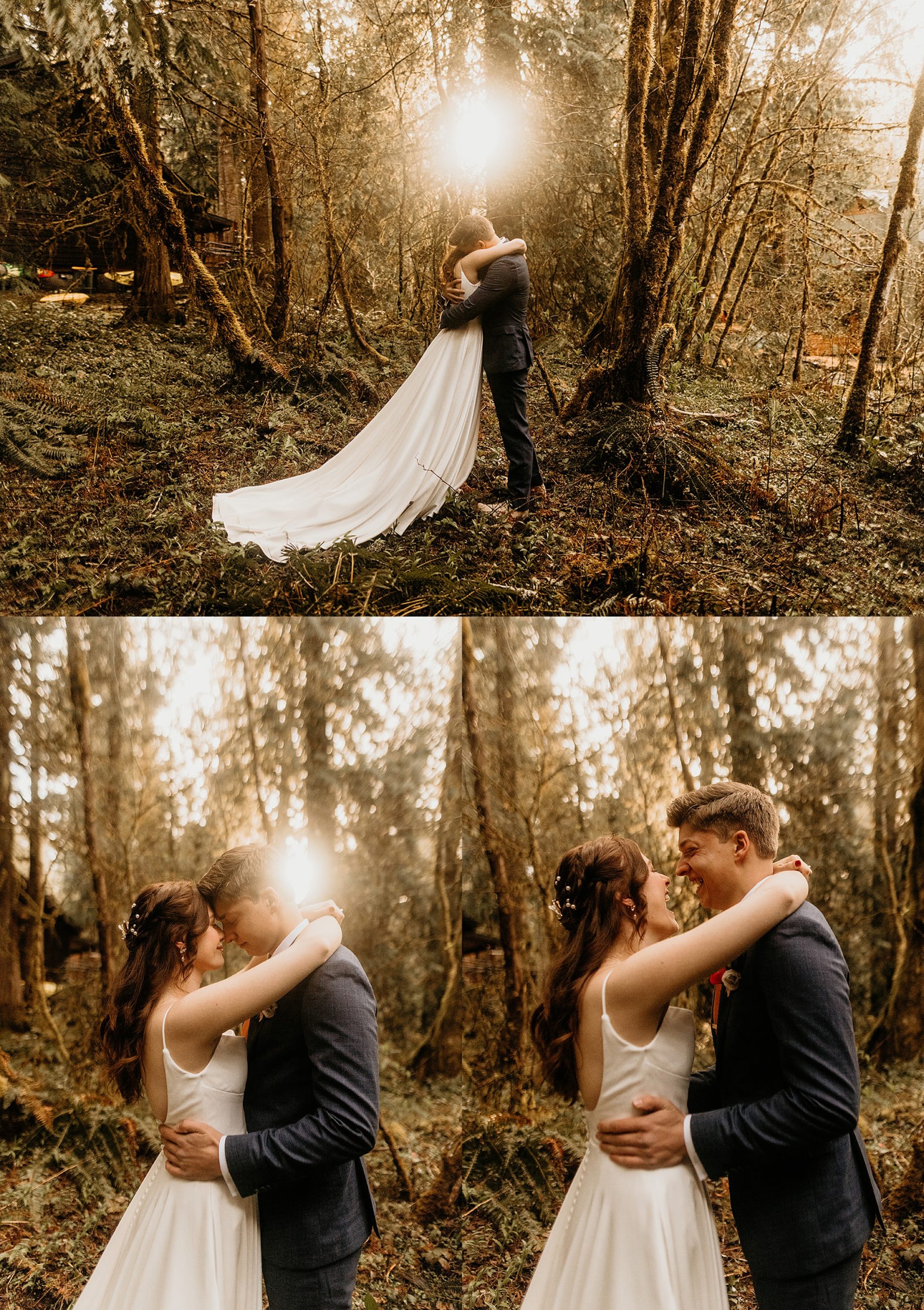 bride and groom hugging forest landscape
