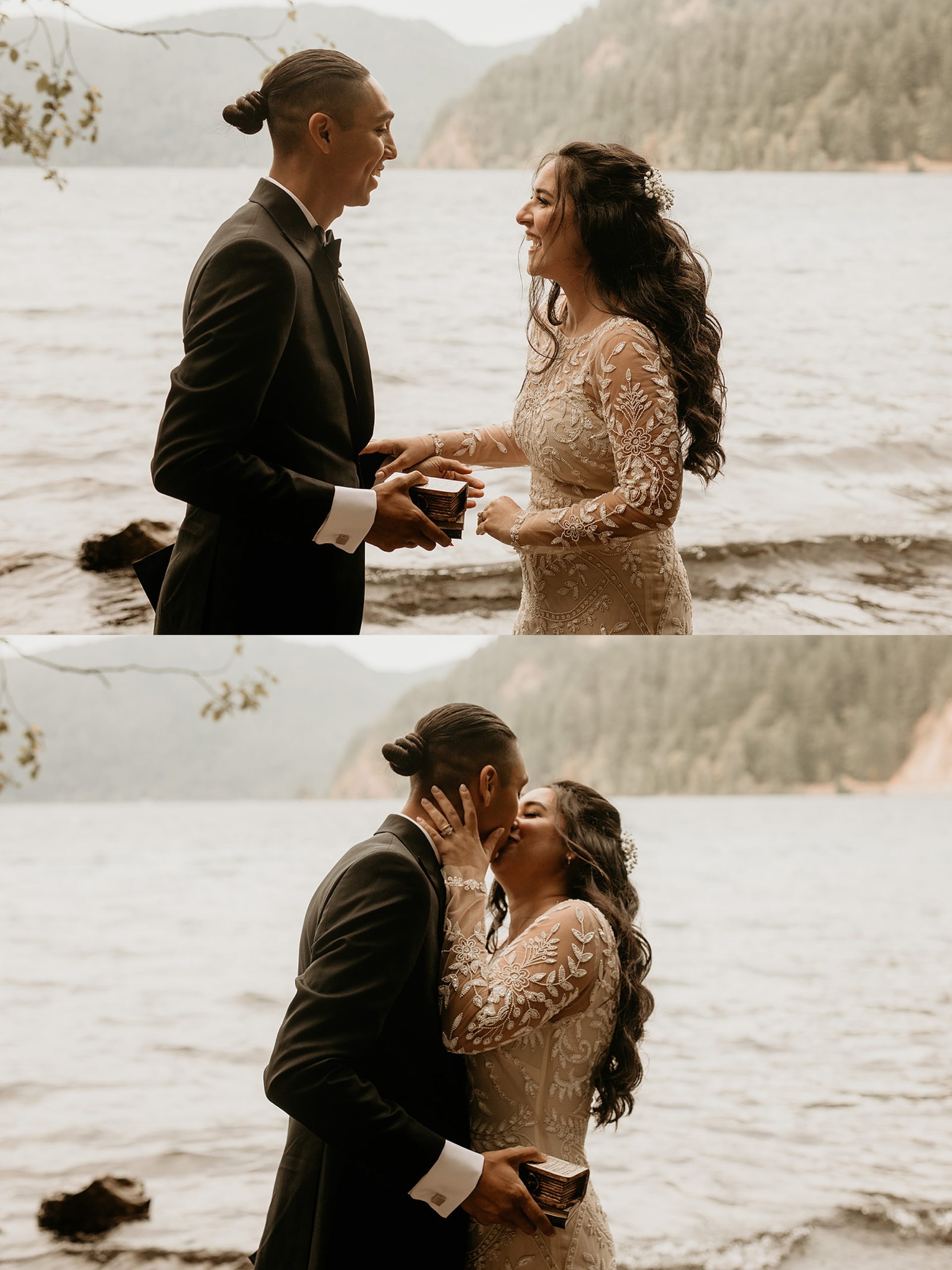 bride and groom kissing lake crescent landscape 

