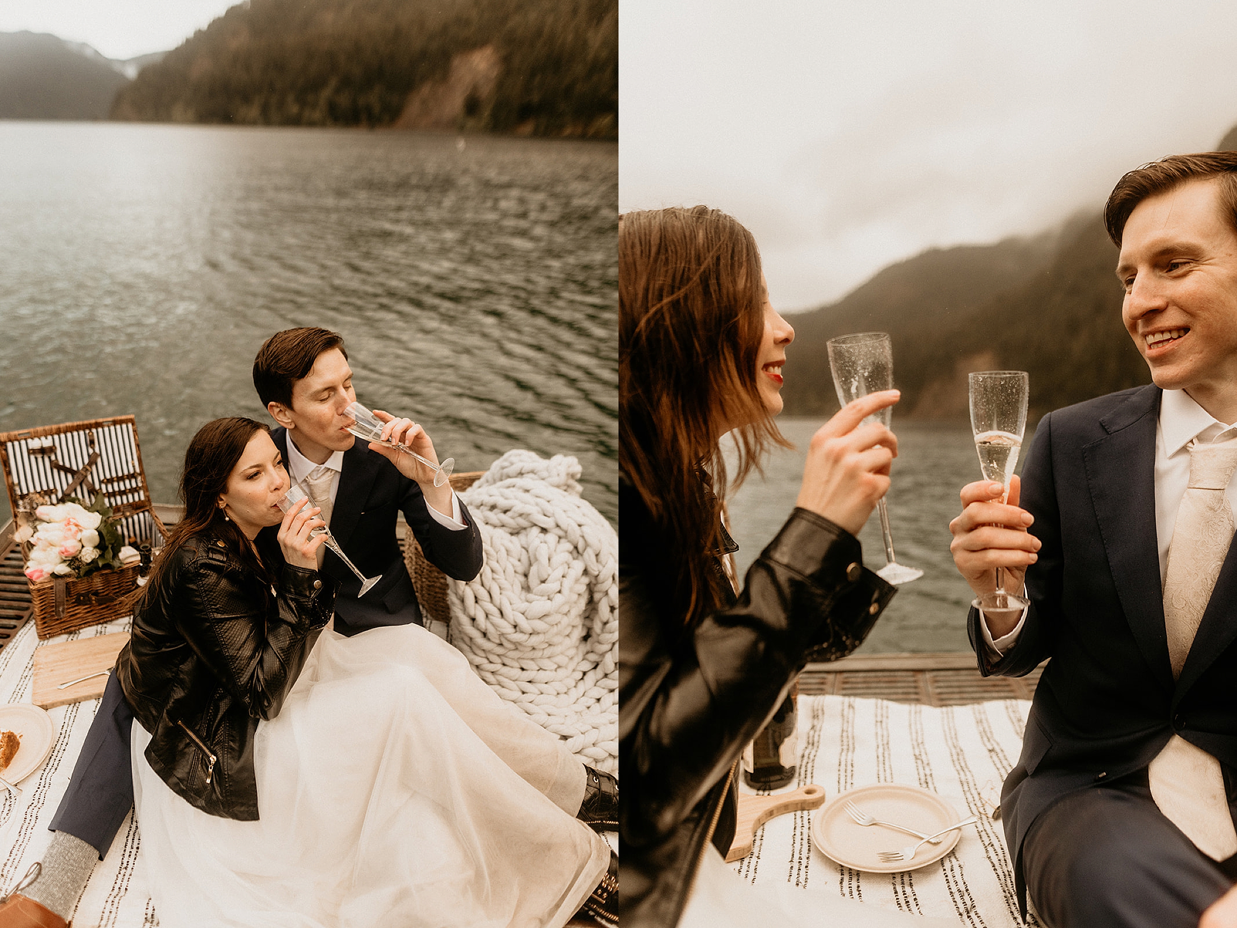bride and groom drinking champagne lake crescent landscape 


