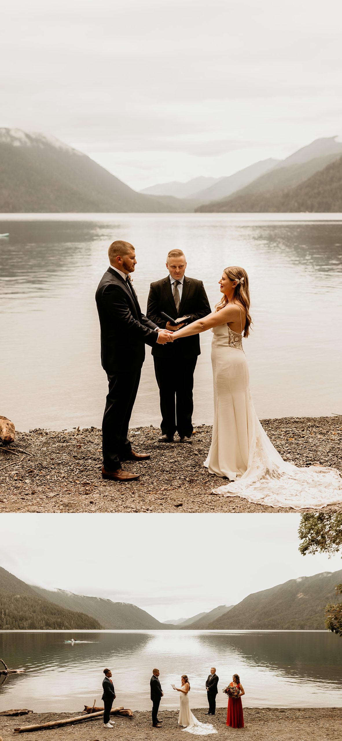 bride and groom reading vows lake crescent landscape 

