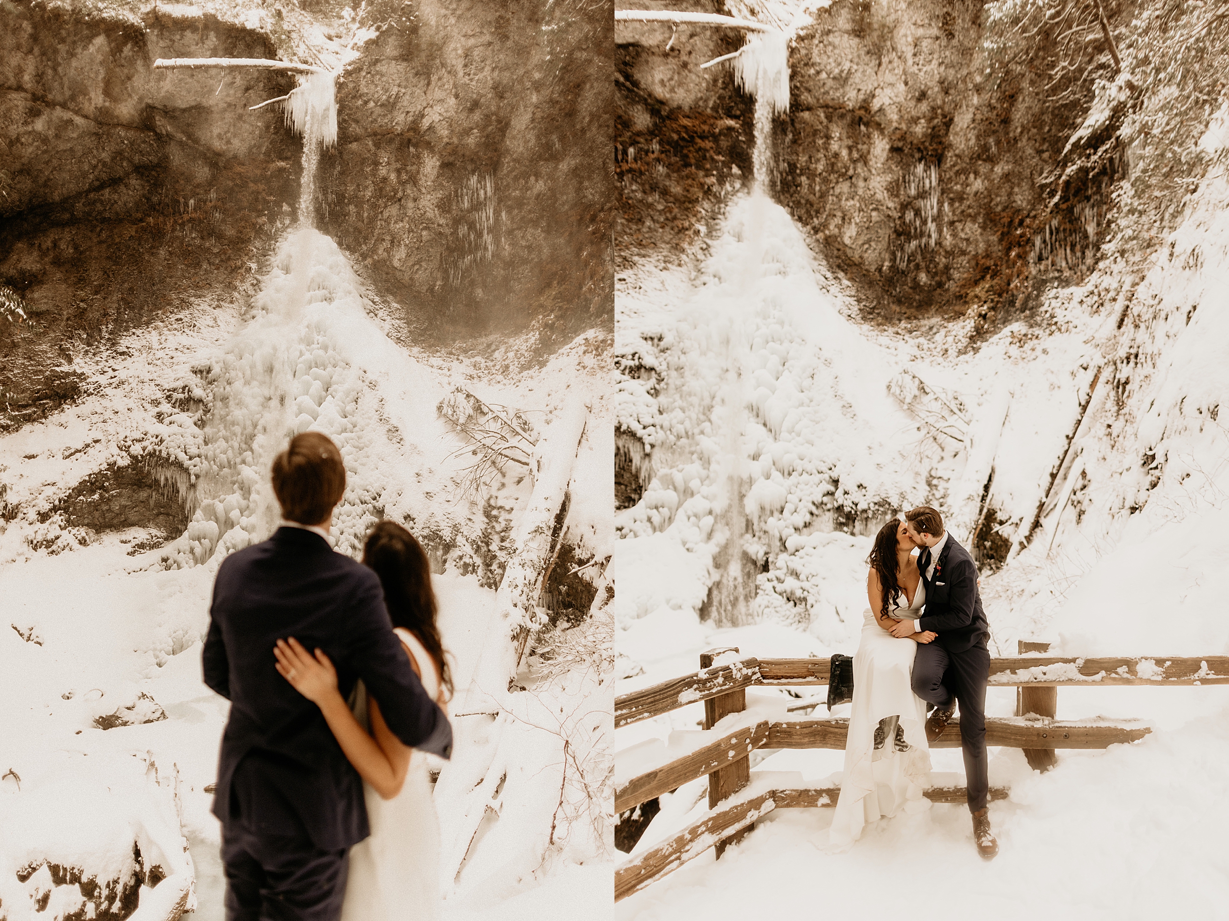 bride and groom kissing lake crescent snow waterfall landscape 

