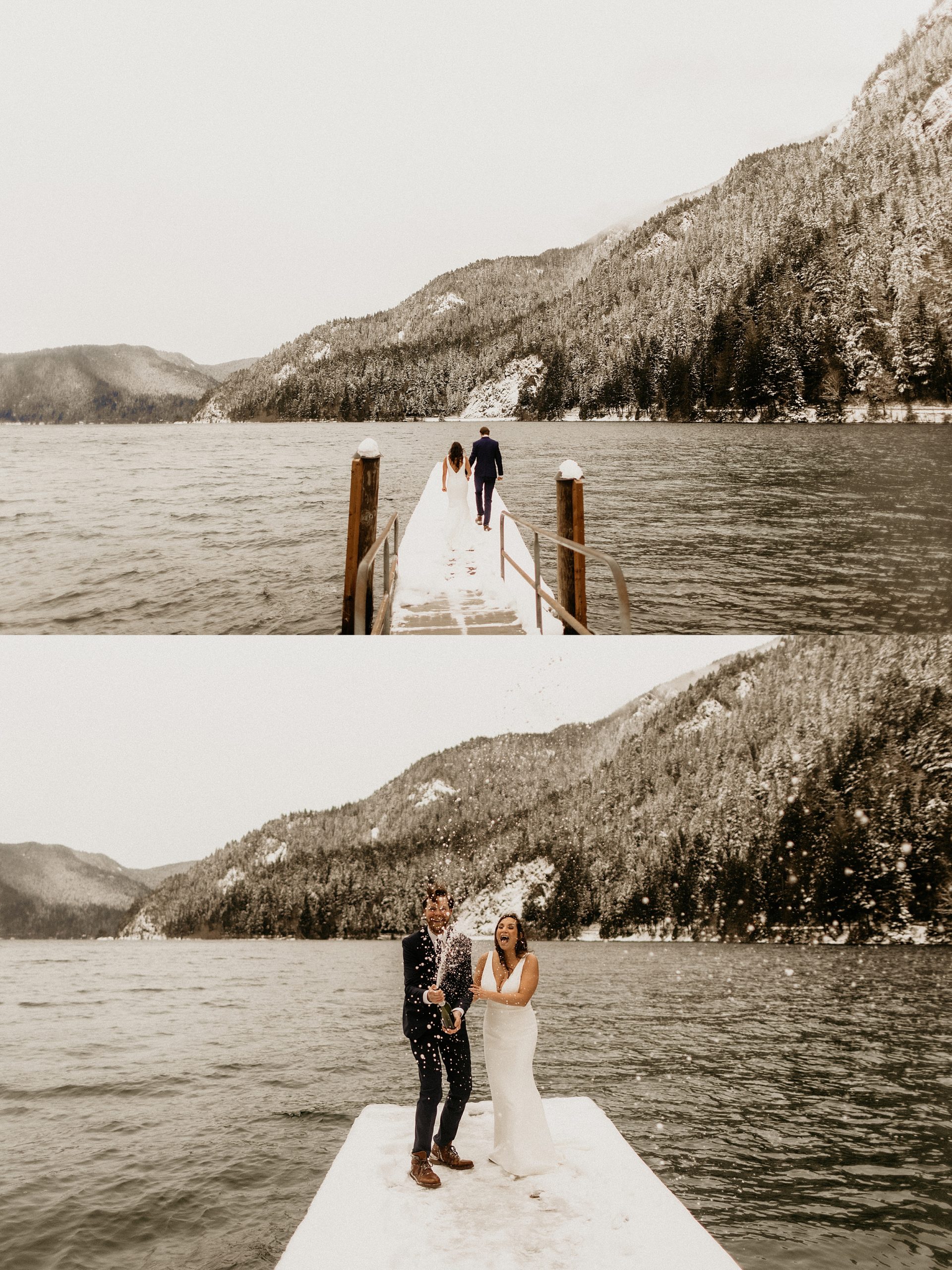 bride and groom opening champagne on dock lake snow crescent landscape 


