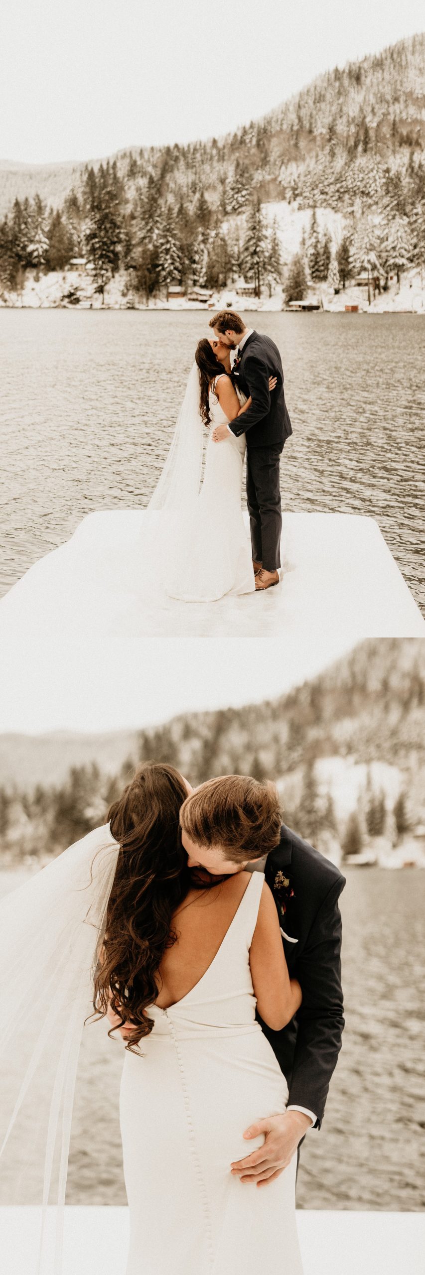 bride and groom kissing on dock lake crescent snow landscape 

