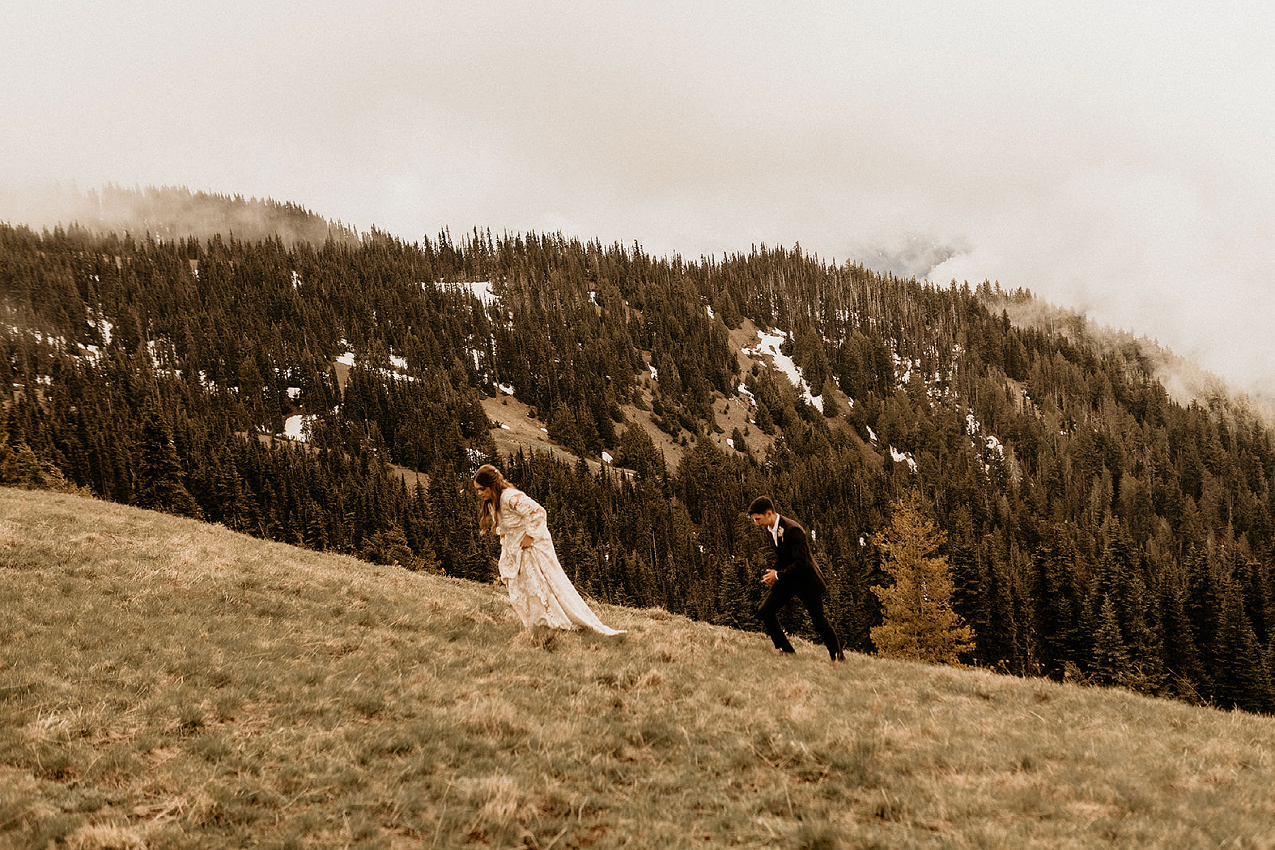 bride and groom holding each other up hill forest landscape