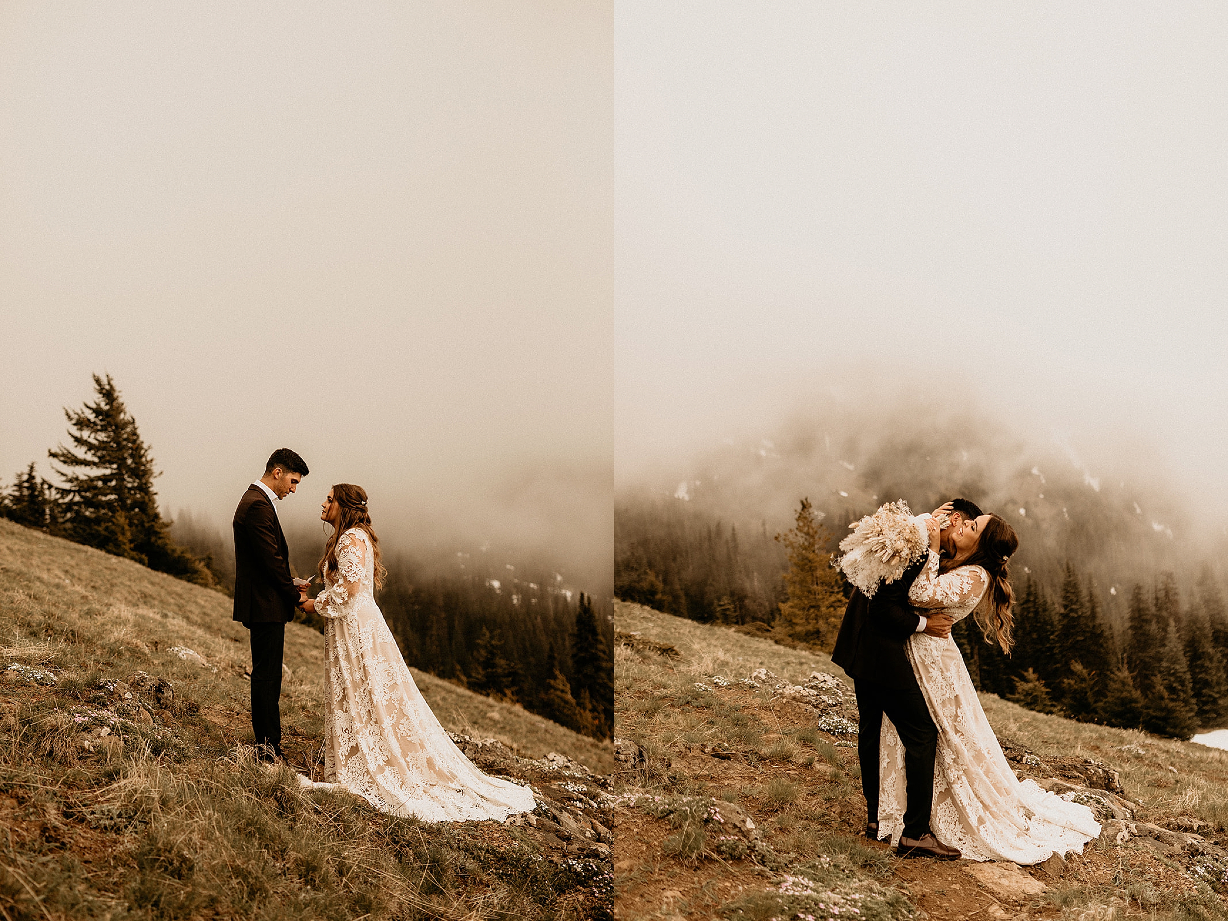 bride and groom holding each other foggy hill forest landscape