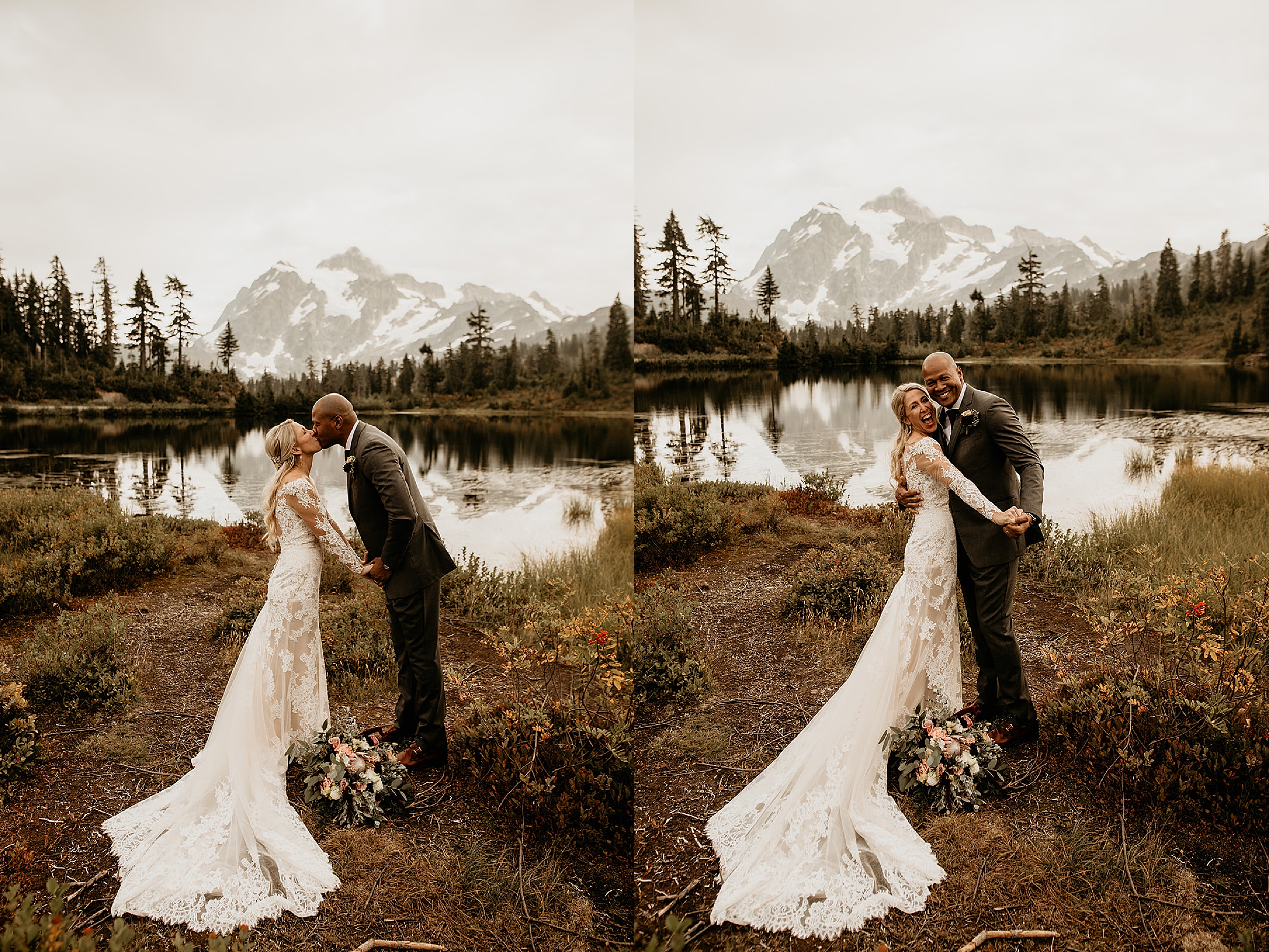 bride and groom kissing picture lake, mount baker landscape 