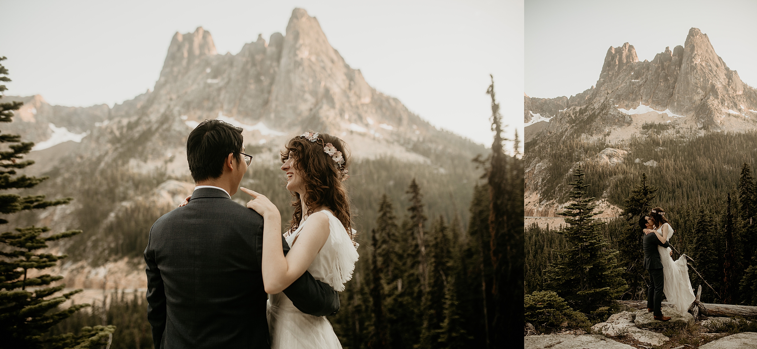 bride and groom holding each other washington pass landscape