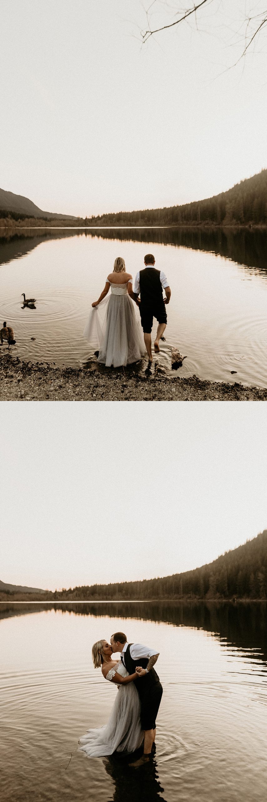 bride and groom walking together rattlesnake lake landscape