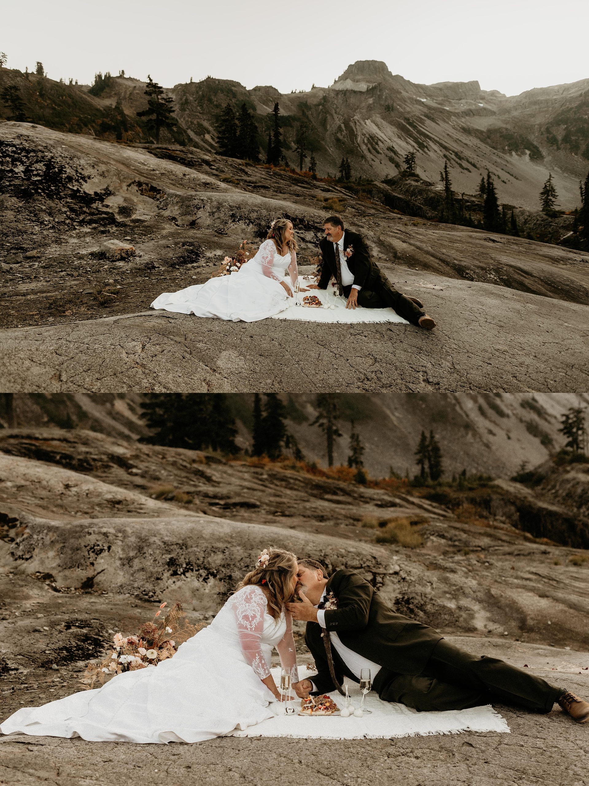 bride and groom kissing mountain landscape