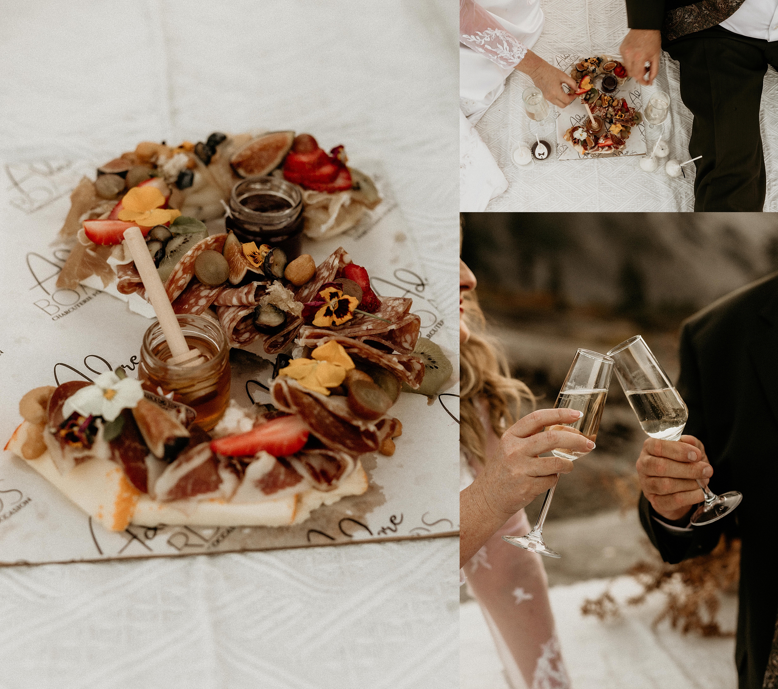 bride and groom eating a charcuterie board with champagne 