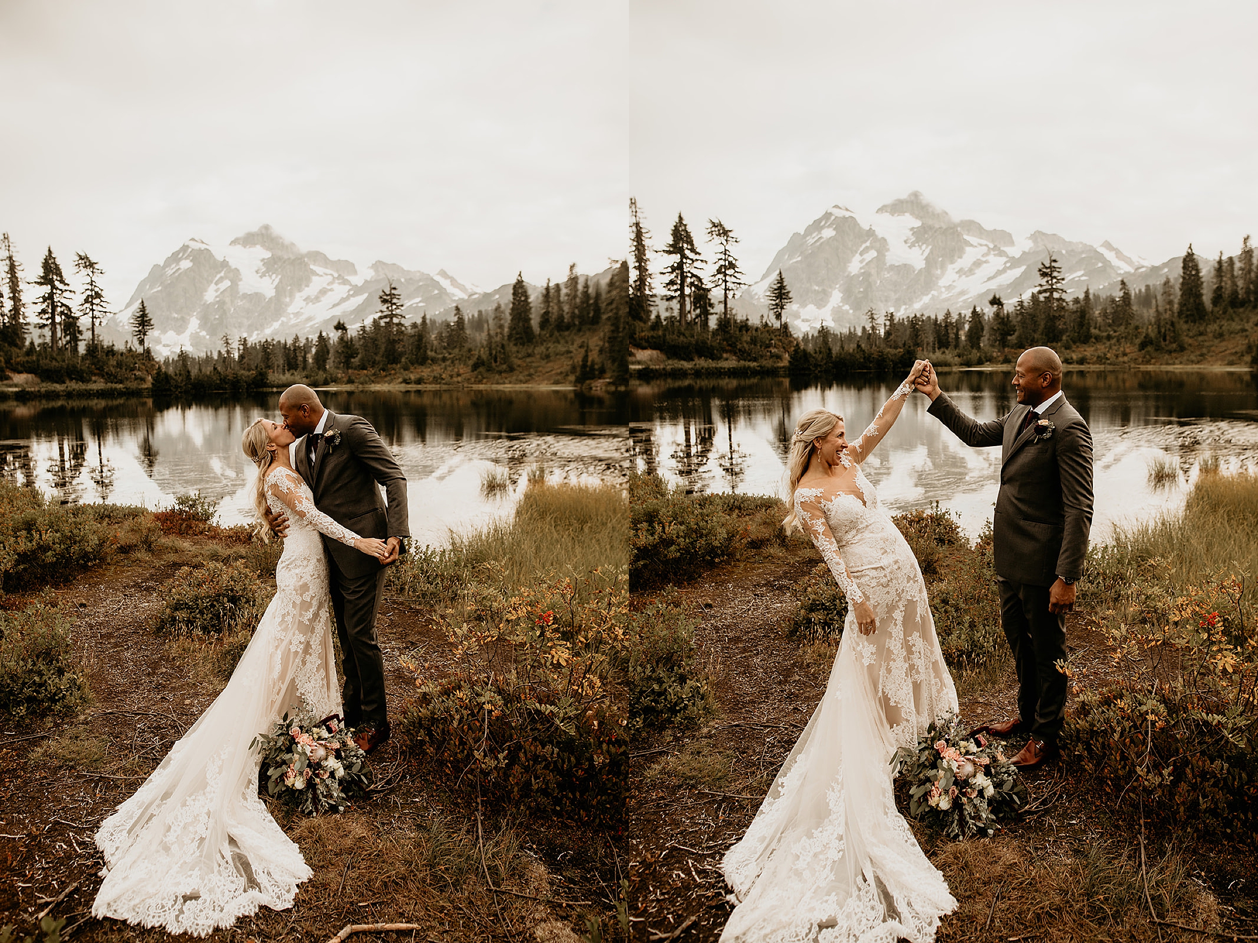 bride and groom kissing mountain lake landscape