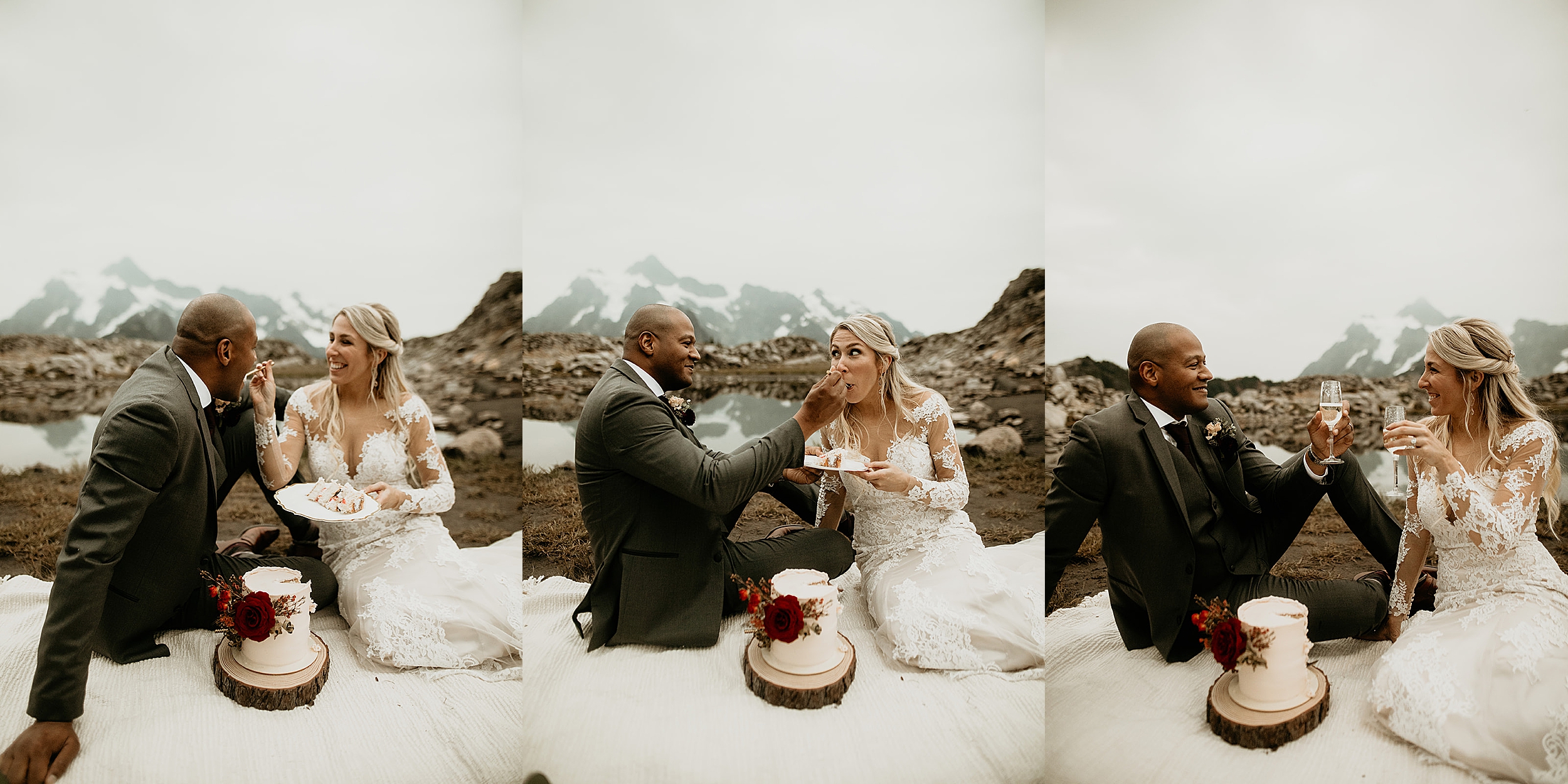 bride and groom eating wedding cake mountain landscape
