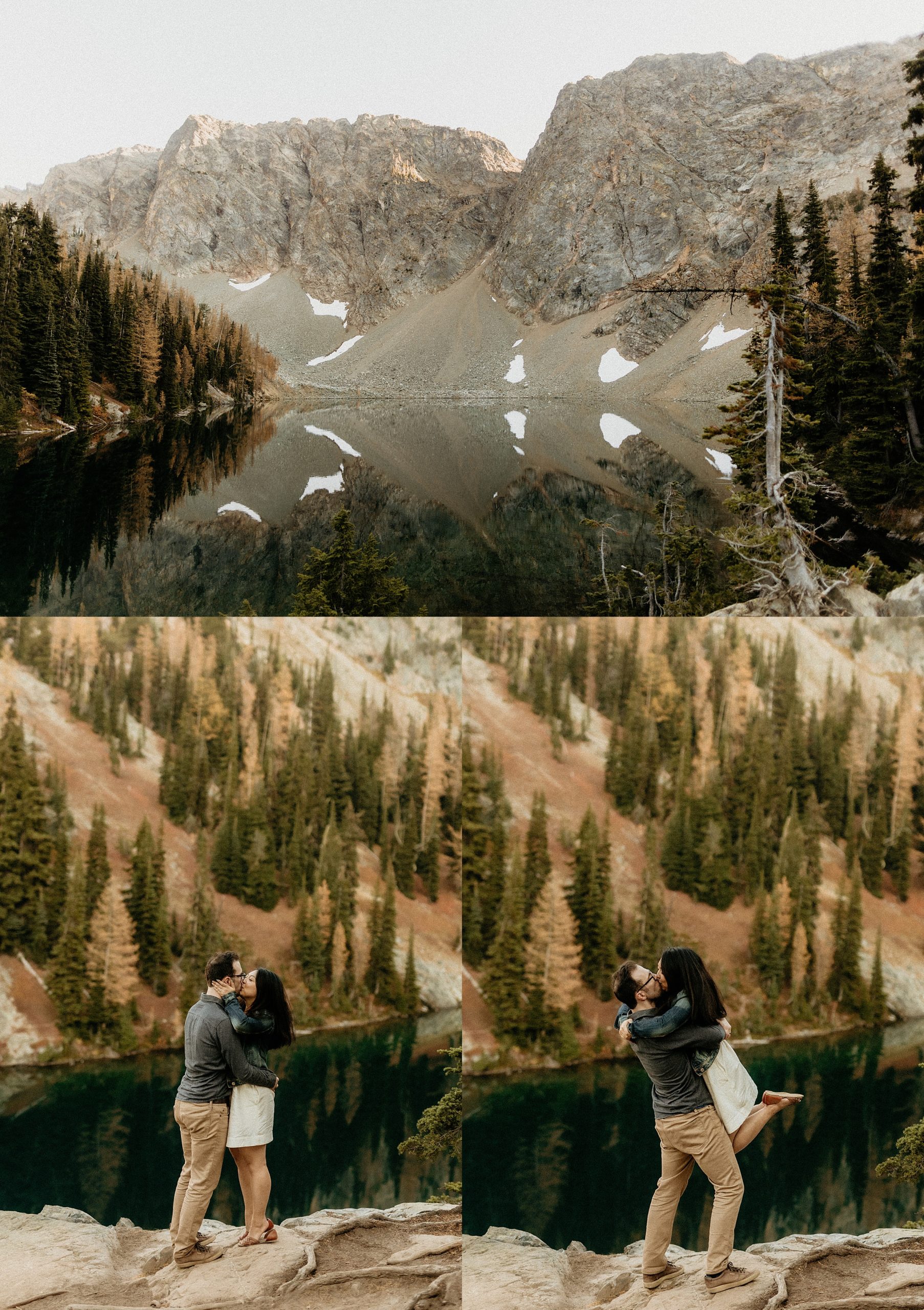 bride and groom kissing blue lake north cascades national park landscape

