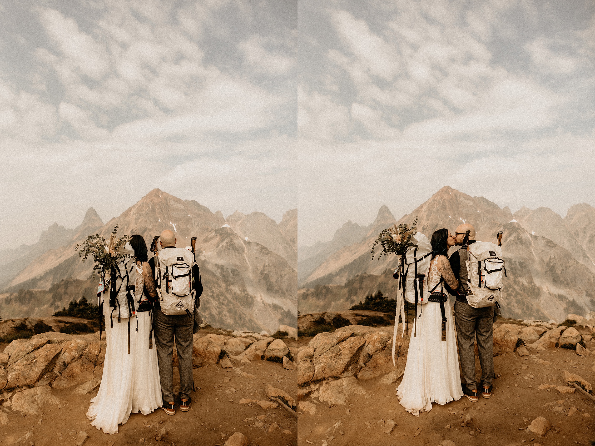 bride and groom hiking mountain north cascades national park landscape

