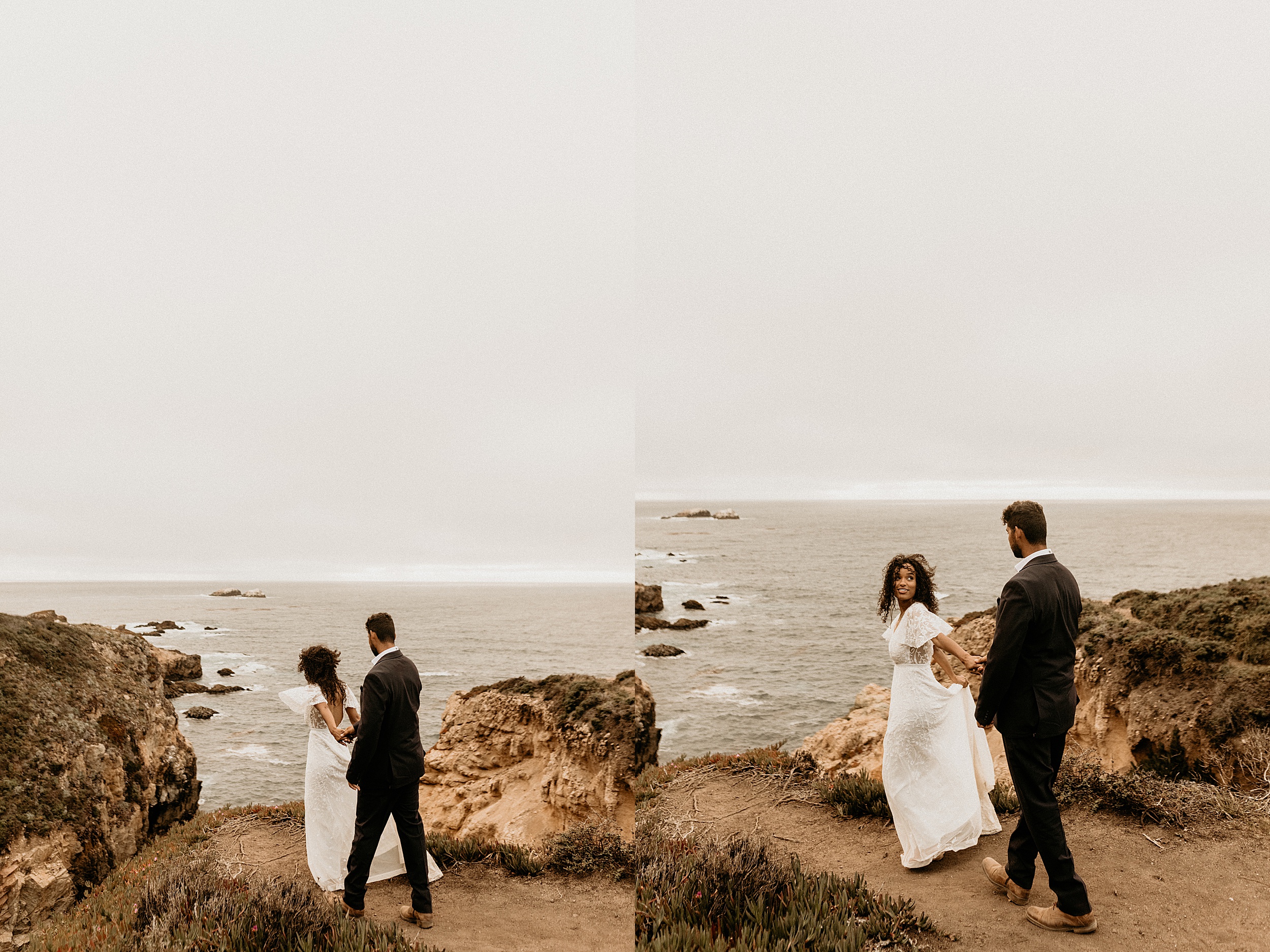 bride and groom walking together ocean view 
