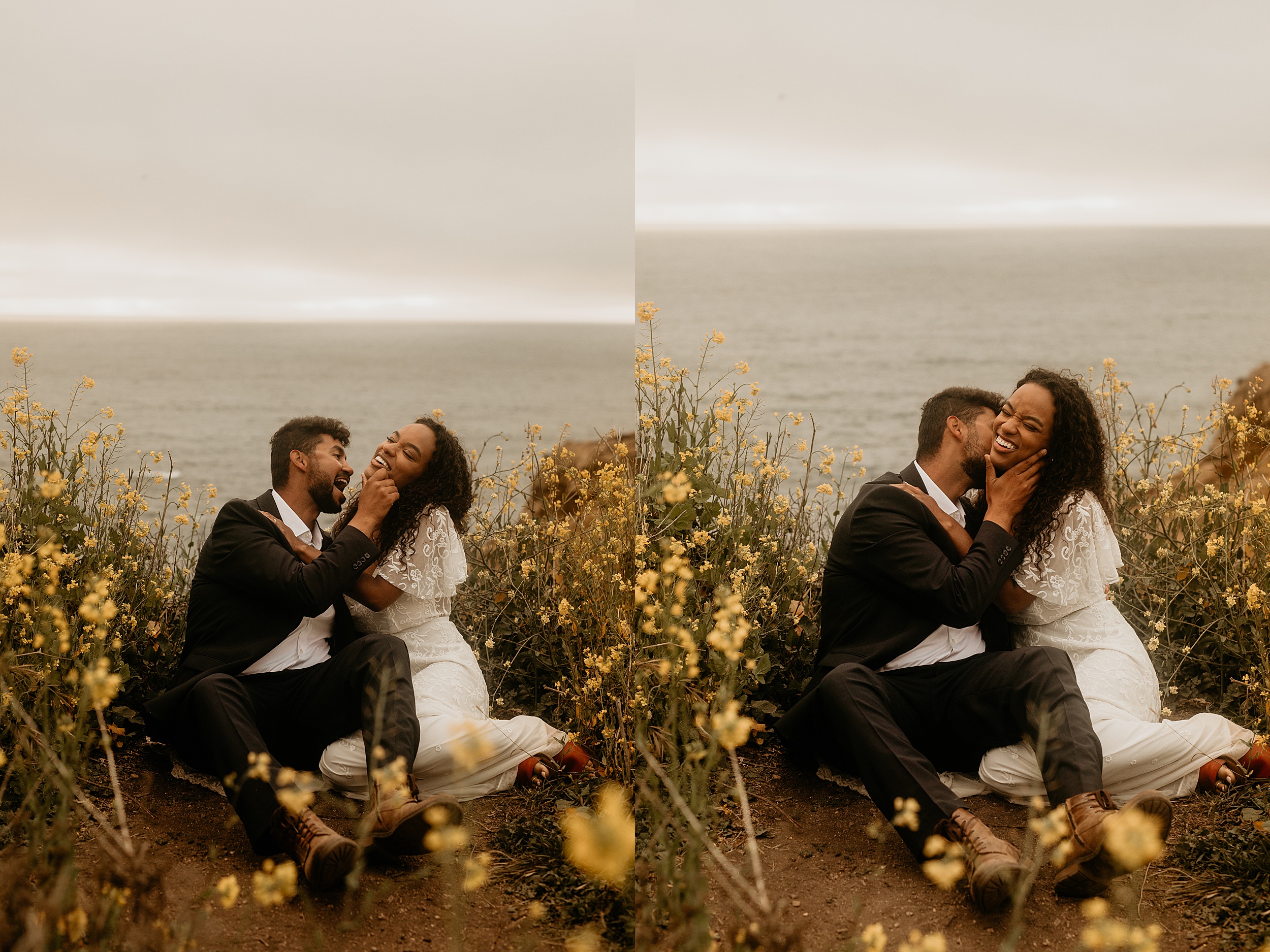 bride and groom kissing ocean view landscape