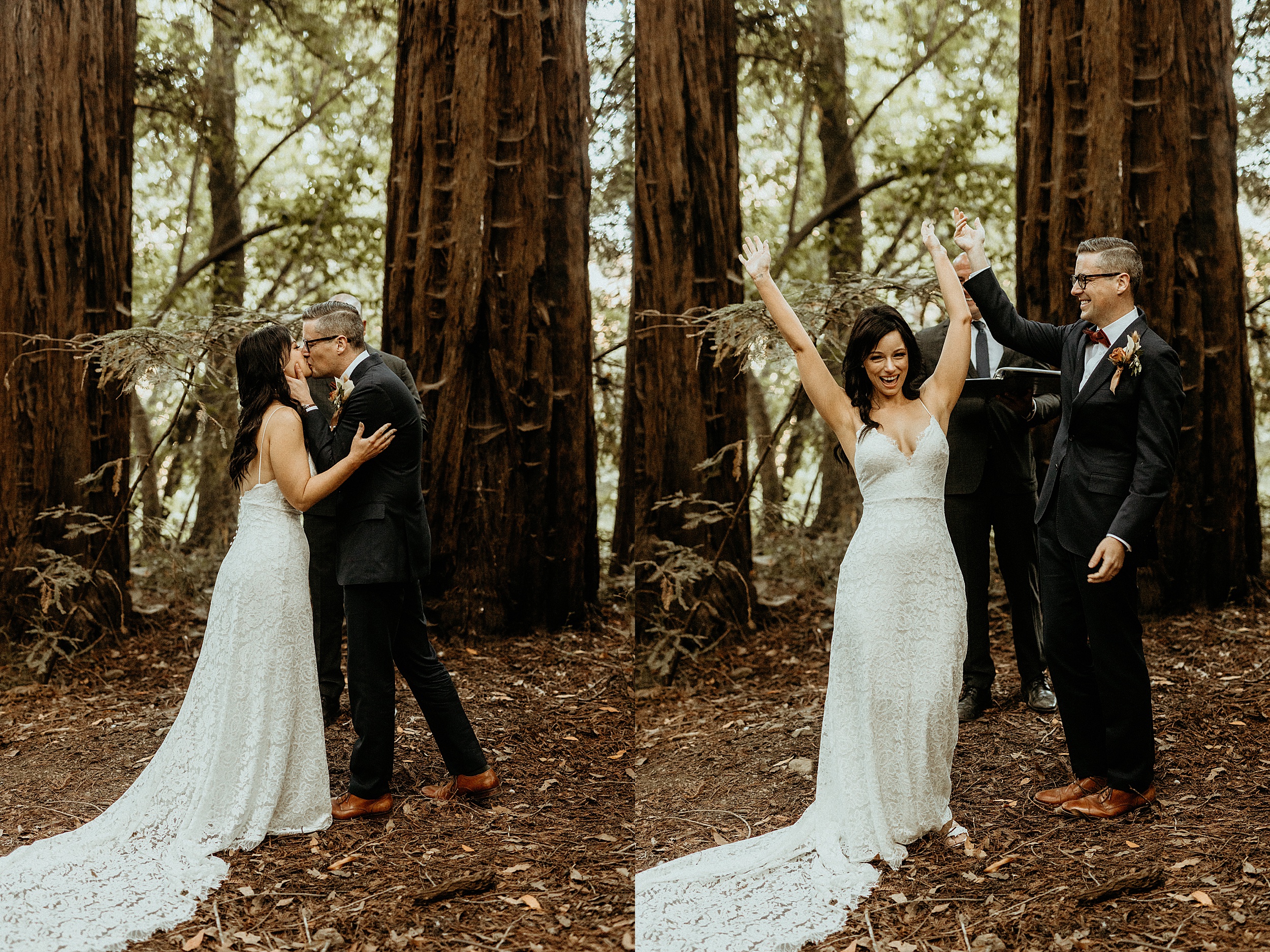 bride and groom kissing big sur forest landscape 