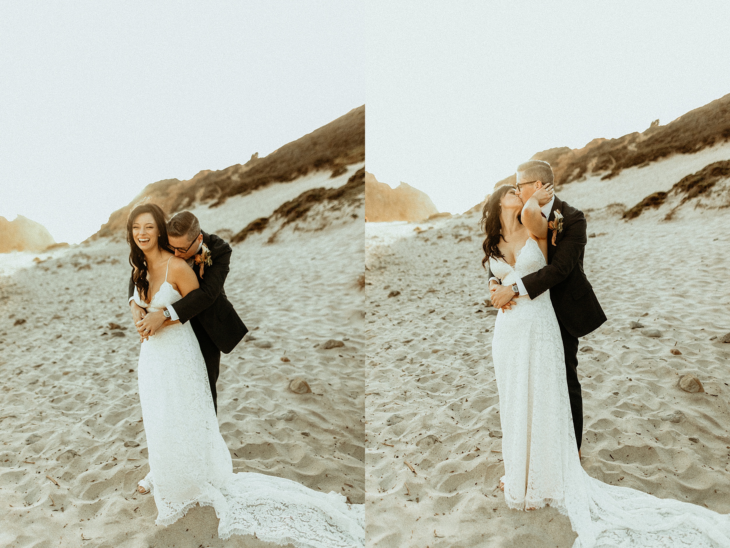 bride and groom kissing keyhole arch at pfeiffer beach landscape 