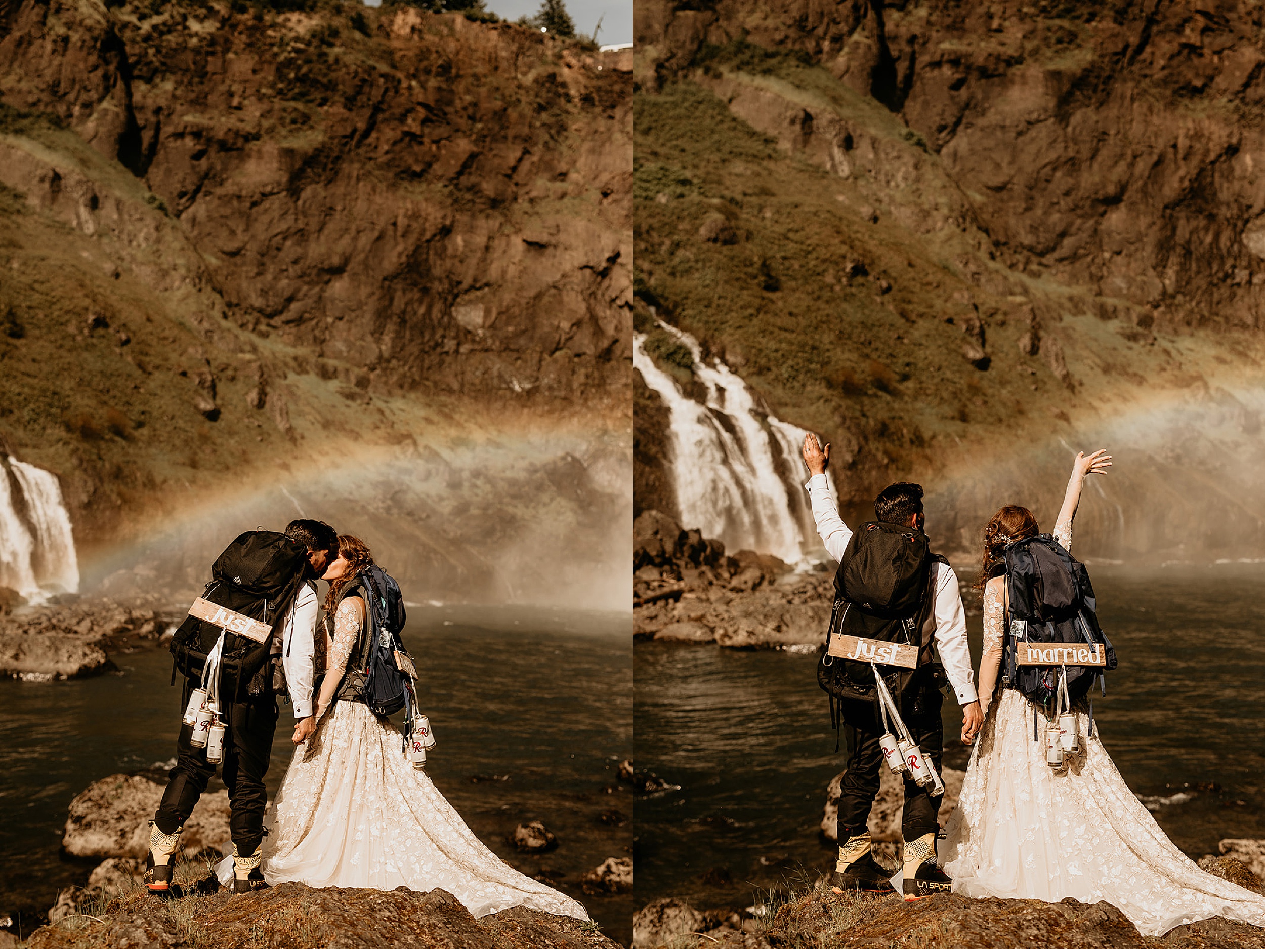 bride and groom standing near river