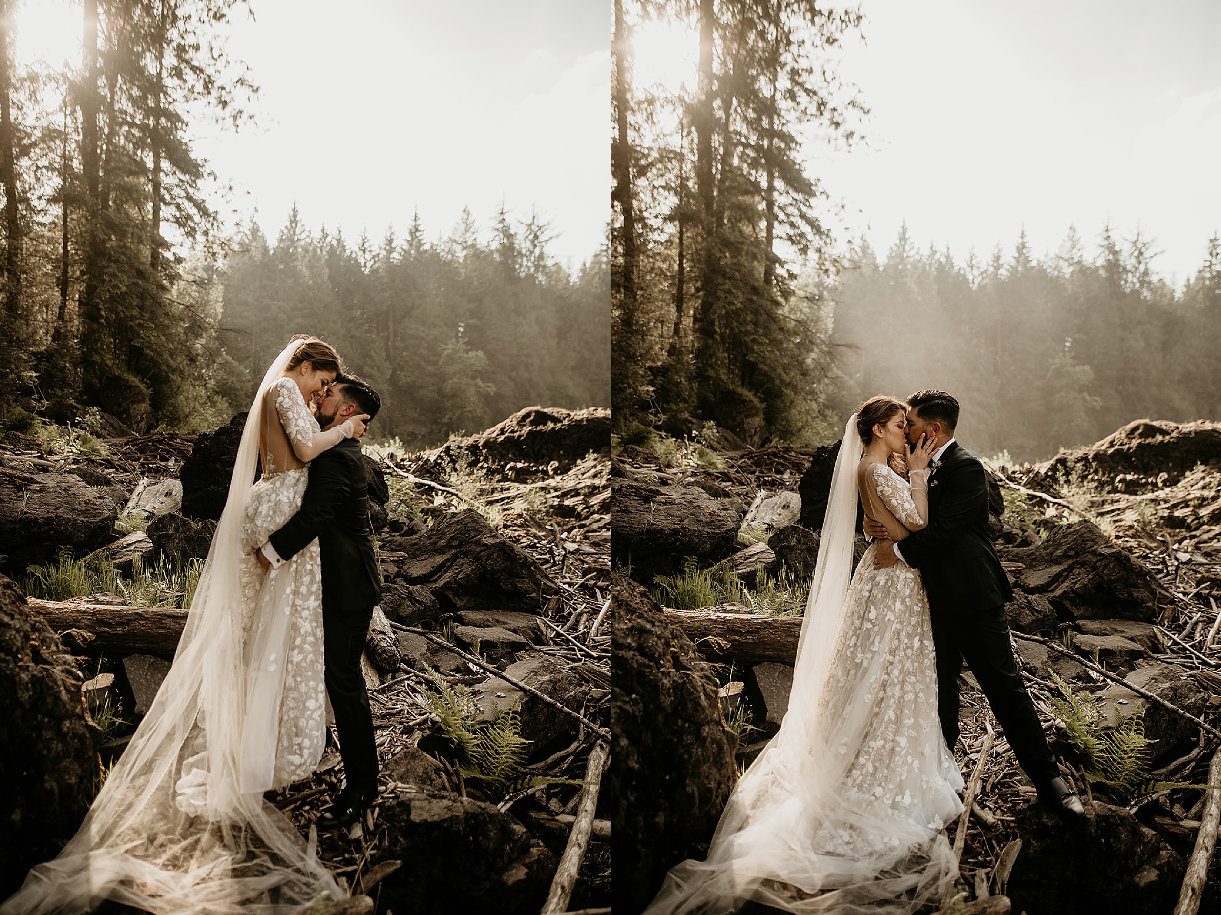bride and groom kissing each other forest landscape 