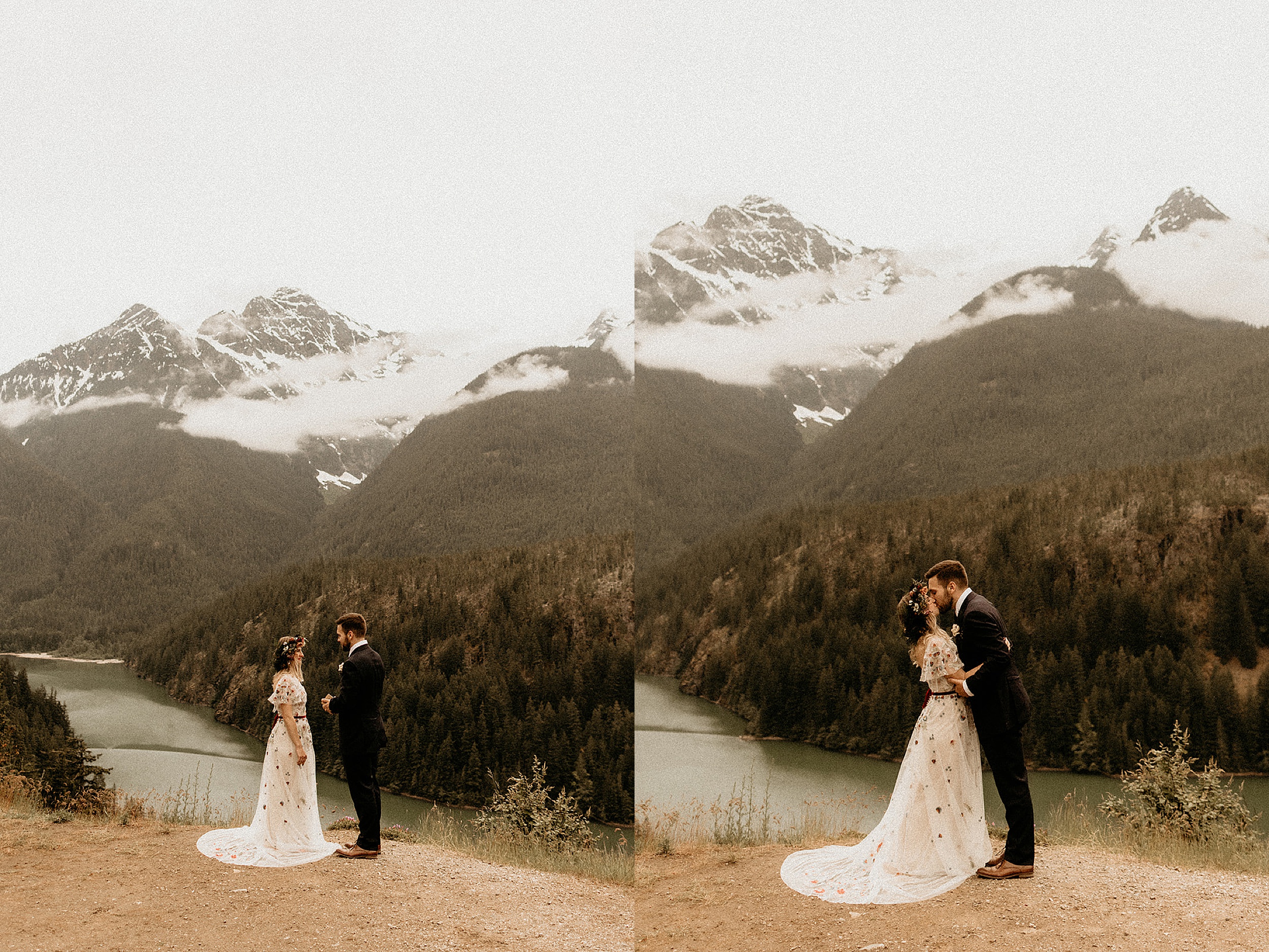 bride and groom kissing forest mountain washington landscape
