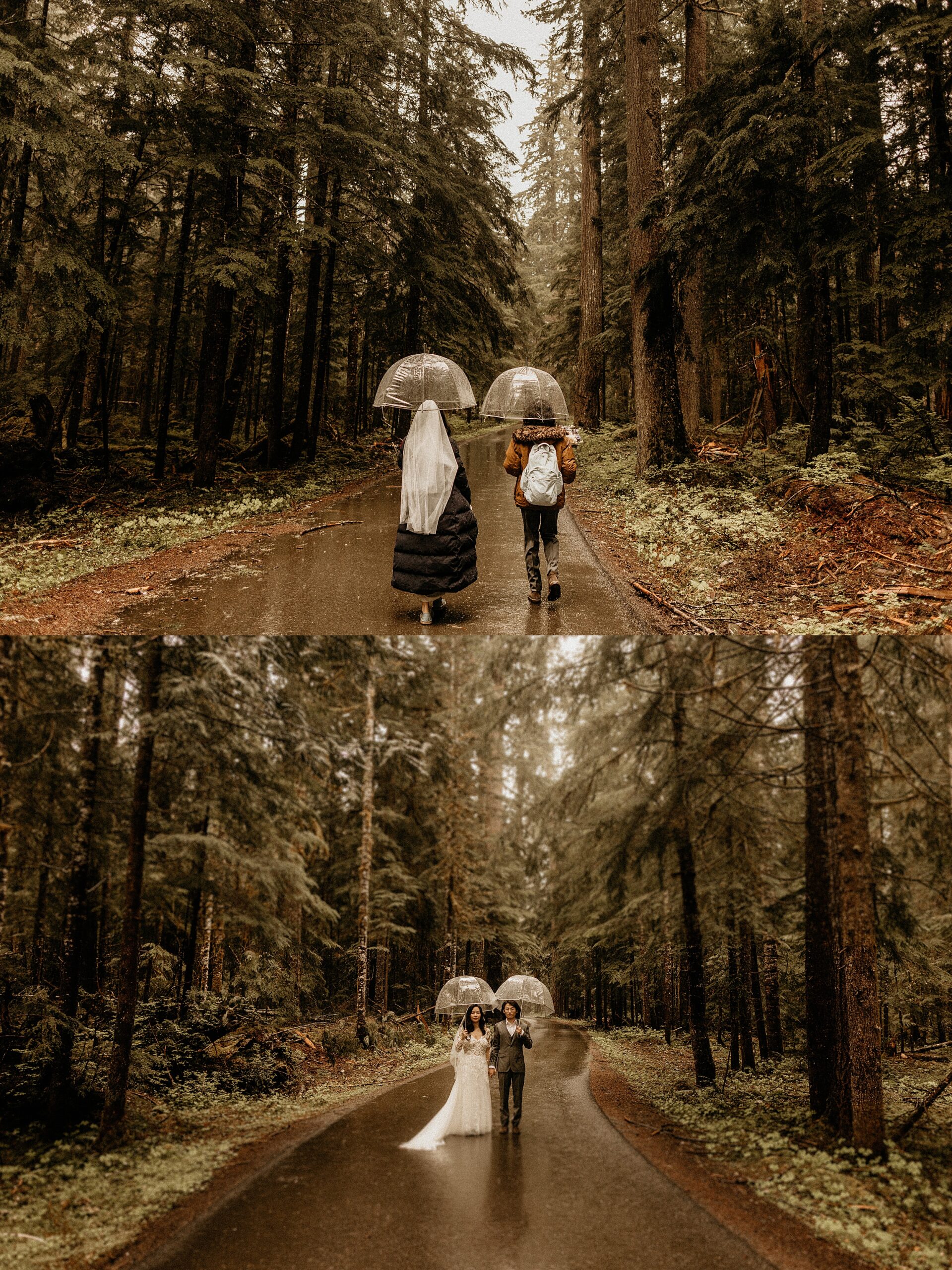 bride and groom walking together with umbrellas forest landscape