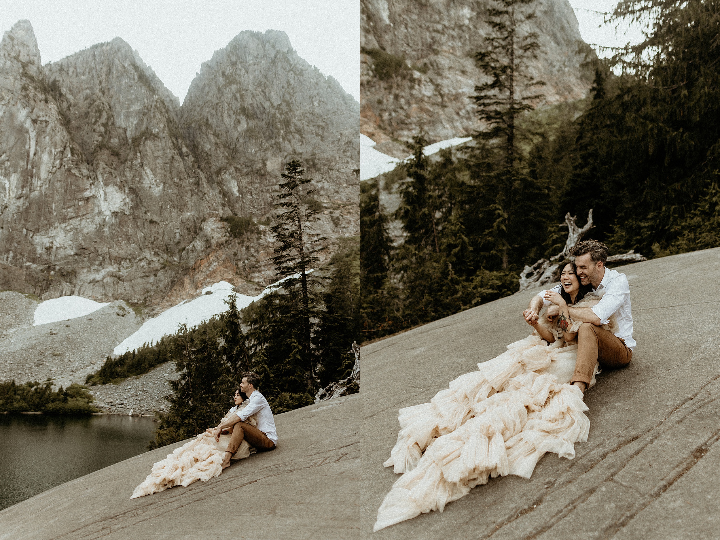 bride and groom sitting on rock 